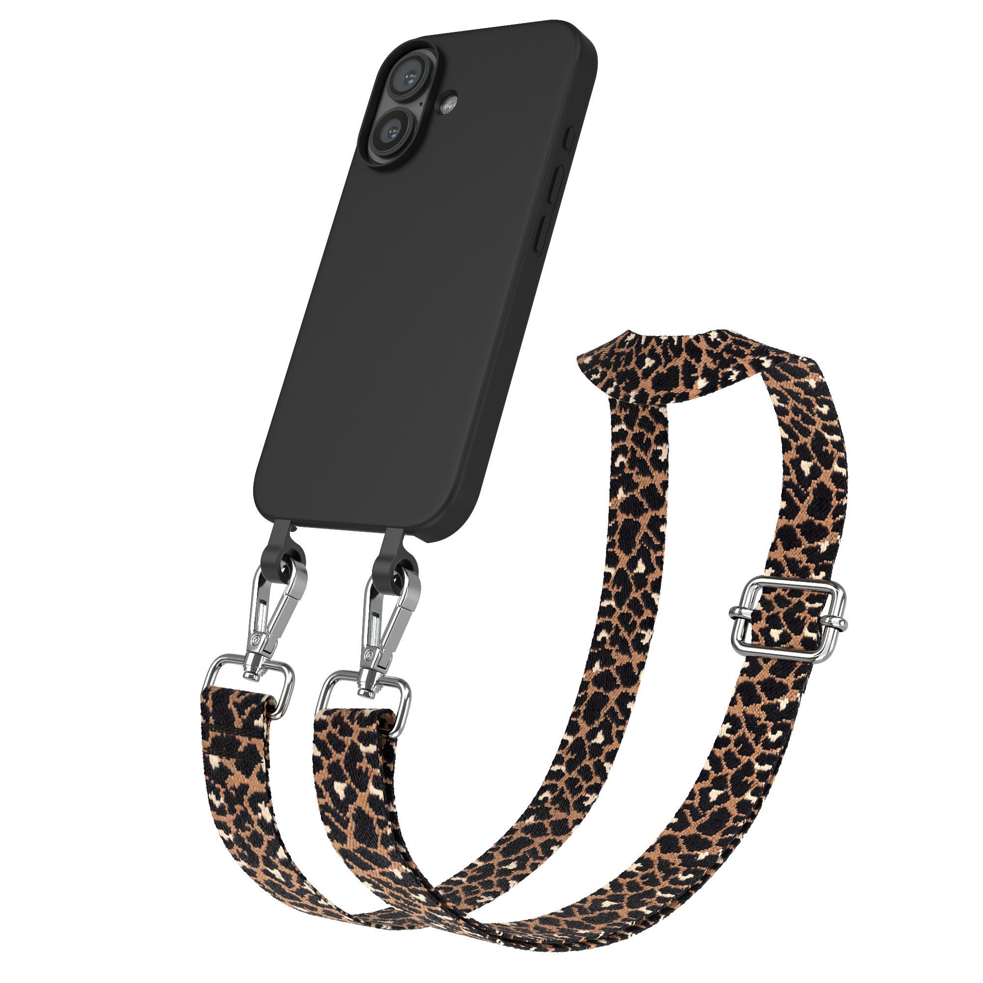 EAZY CASE Handykette 2in1 TPU Hülle mit Band für Apple iPhone 16 6,1 Zoll, Schutzhülle zum Umhängen Hülle mit Leo Umhängeband Kettenhülle Schwarz