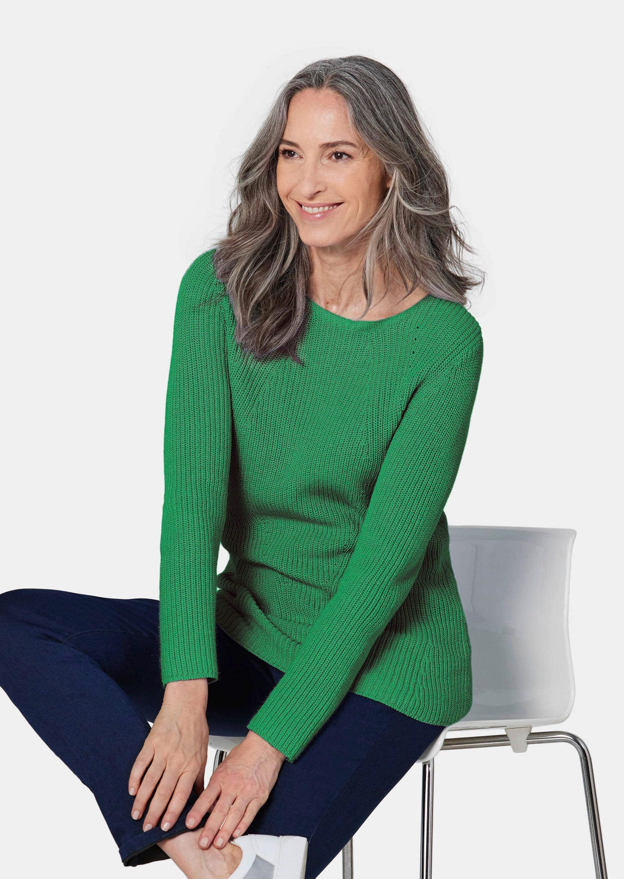 GOLDNER Strickpullover Baumwollpullover mit Patentgrobstrick Winterpullover mit edler Linienführung, U-Boot-Ausschnitt und Langarm