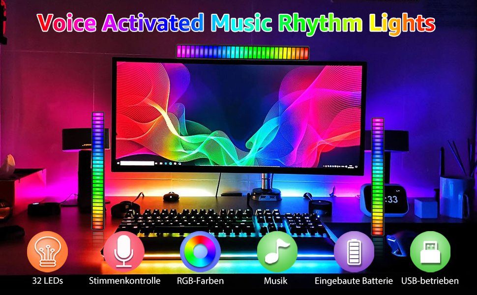 Musik RGB Atmosphere 7Magic Licht, Rhythm LED Lichtleiste Auto/Schreibtisch/Spiele/Outdoor-Partys/Umgebungslicht Leuchte, 32-flammig, für RGB Light