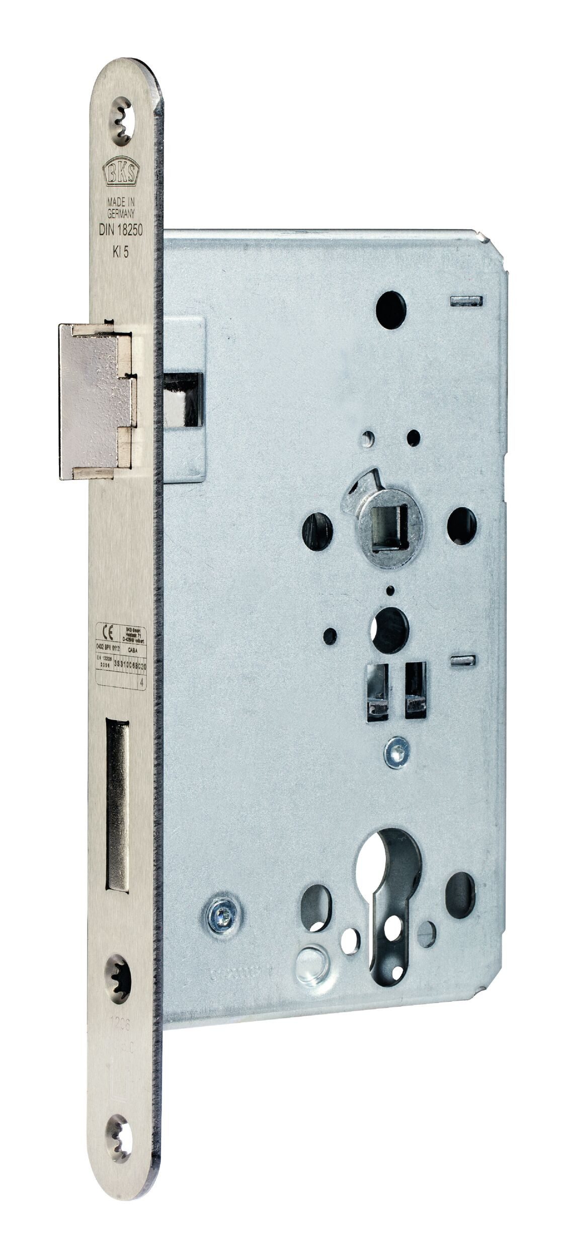 BKS Einsteckschloss, Dornmaß 65 mm, FH-Tür, PZ65/72/9,24 rund B-1206, Stahl, mit Wechsel DR verzinkt