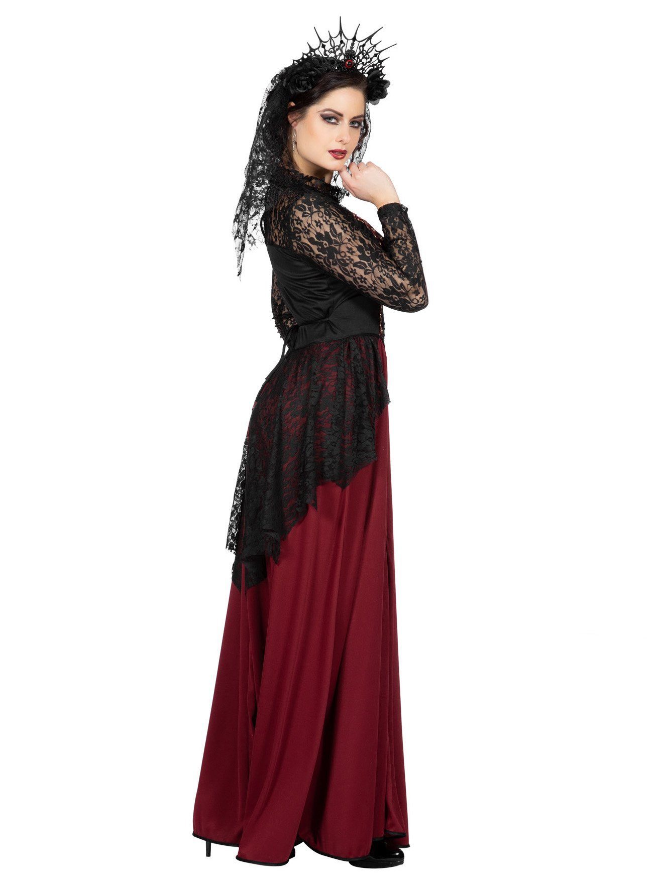 Metamorph Vampir-Kostüm Gothic Vampir Lady Kostüm - Halloween Kostüm Damen, Elegant und düster: bodenlanges Kleid mit floralem Spitzenoberteil