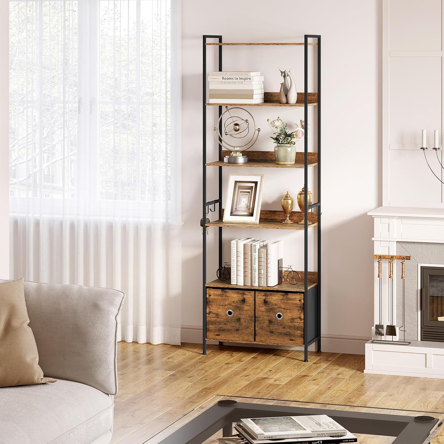 Woltu Standregal, mit 5 Ablagen 2 Schubladen, 63x187x30 cm, mit Metallrahme günstig online kaufen