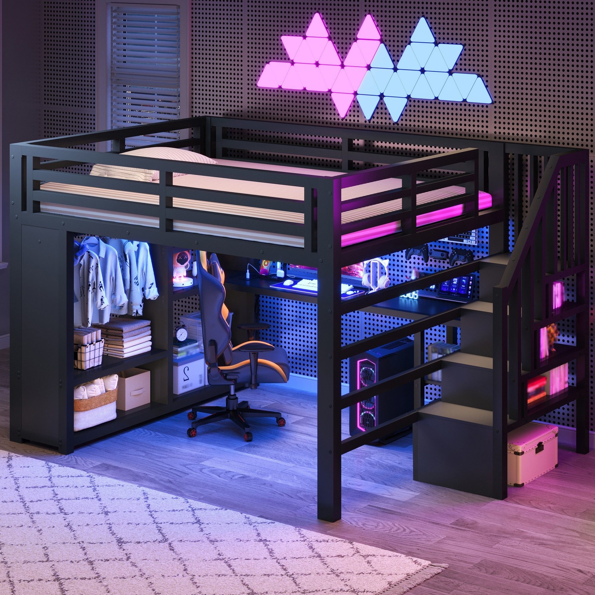 Odikalo Hochbett Jugendbett Bettgestell Metallbett mit LED USB Schreibtisch (140x200 cm großes Gaming-Hochbett aus Metall mitoffenem Kleiderschrank Treppe und Staufächern(ohne Matratze)