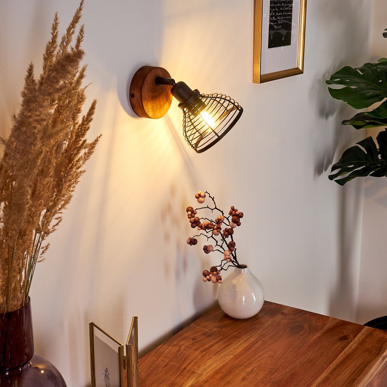 Wandleuchte und Vintage/Retro dreh-/schwenkbar Leuchtmittel, Leuchtenkopf ist aus »Rome« E14, Holz, ohne dunkeln Metall Schwarz in Look Wandlampe Zimmerlampe, hofstein