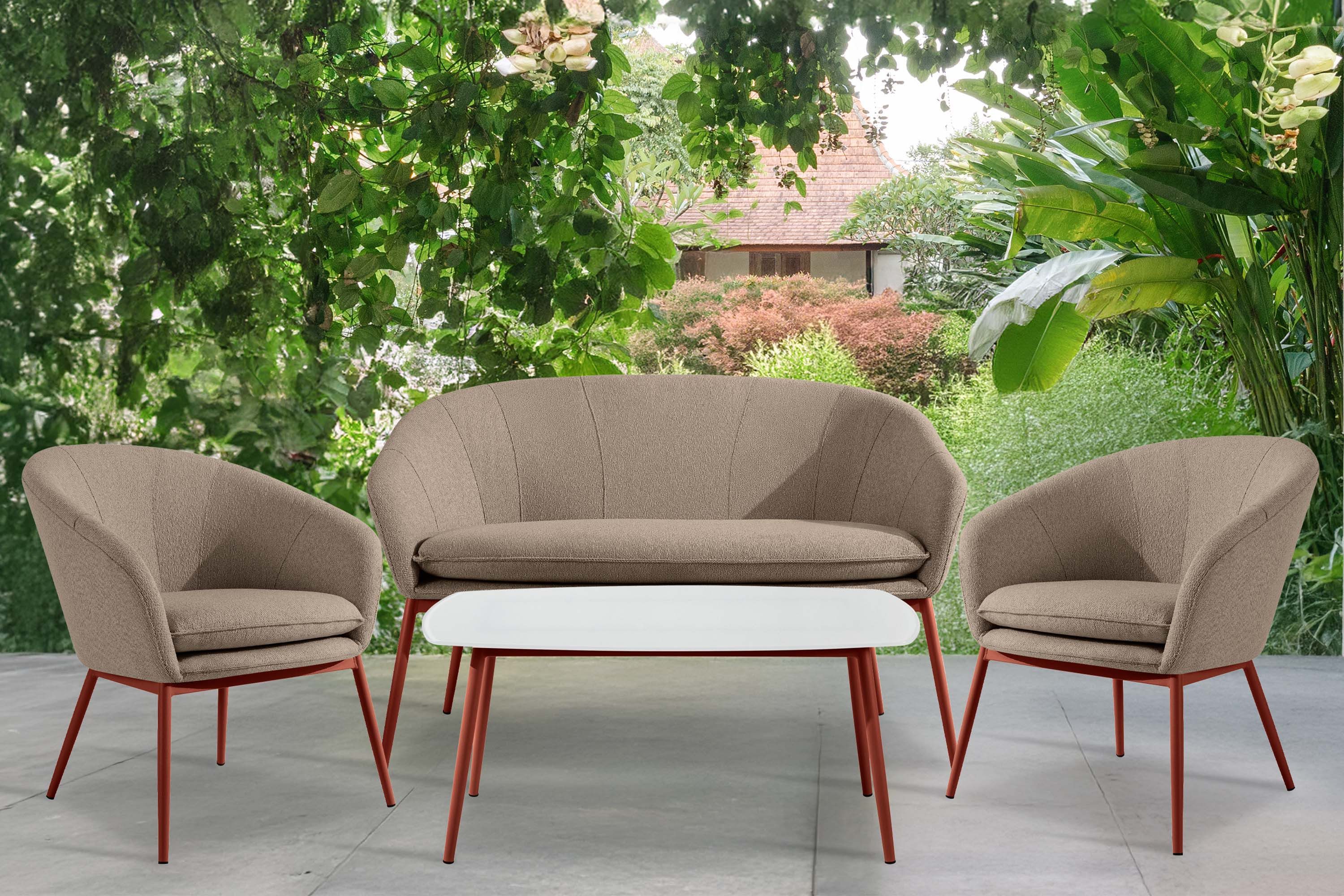 KONSIMO® Loungesofa SOLIS Gartensofa, Gartenmöbel, Sofa 2-Sitzer, hergestellt in der EU, extra bequemer Sitz, fertig montiert, wasserabweisender Stoff, Modern, eisenrot Gestell