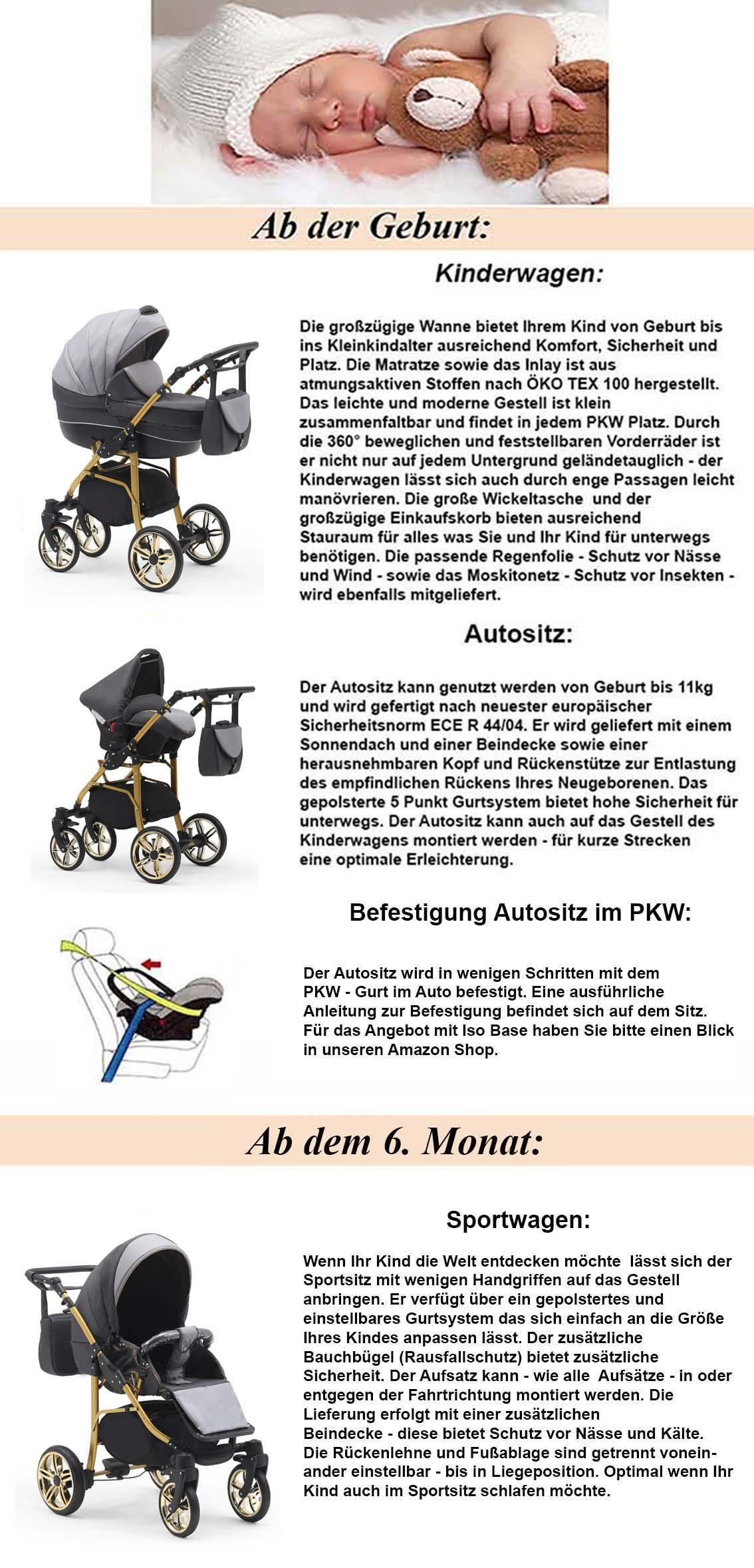 Farben Kinderwagen-Set - babies-on-wheels 3 Kombi-Kinderwagen in 46 in Cosmo 1 Gold- Dunkelgrau-Grau Teile 16