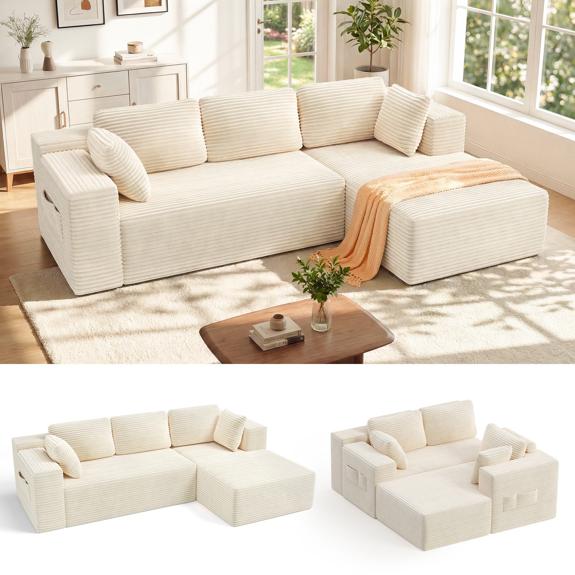 Bealife Ecksofa L-Form, B: 250cm, Keine Montage erforderlich, Modulares Design mit Polstern und Seitentaschen