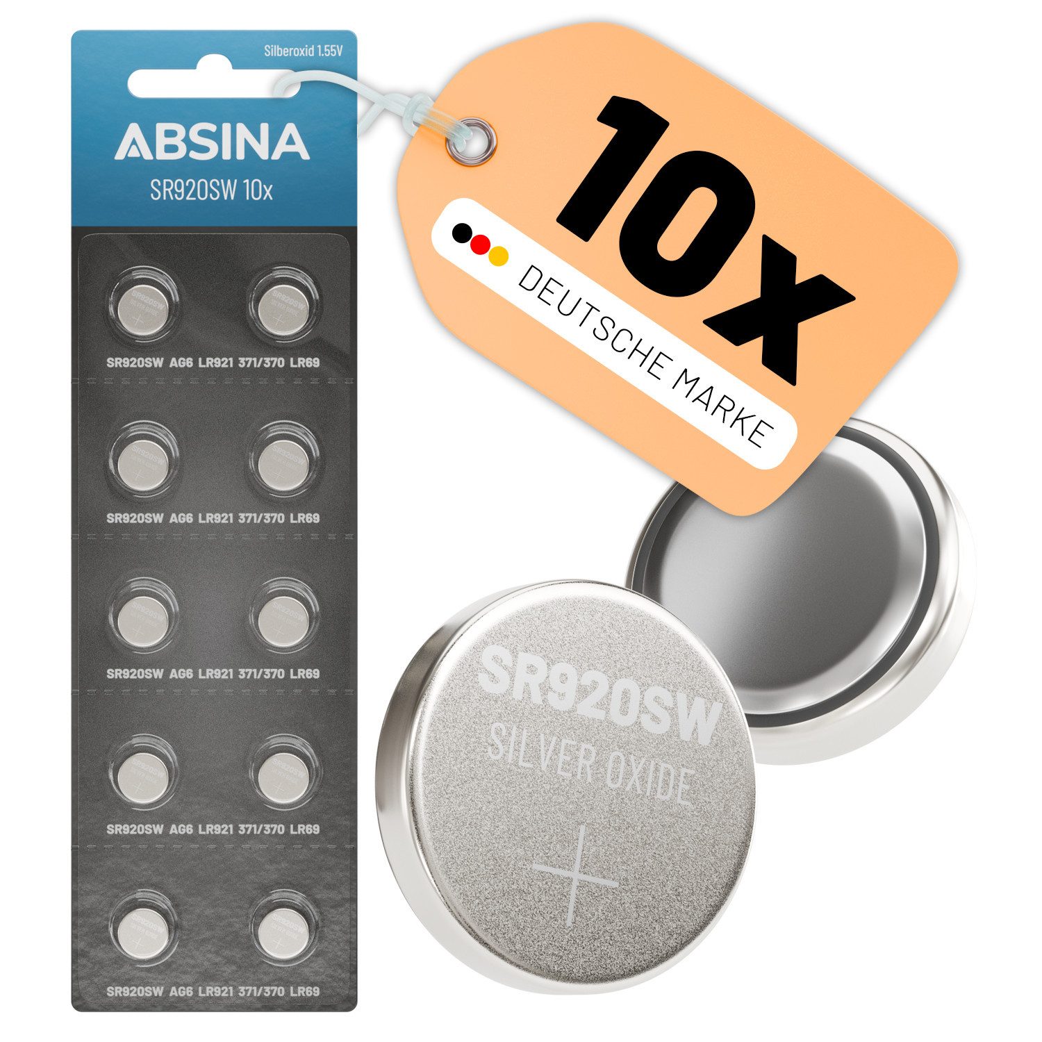 ABSINA SR920SW Uhrenbatterie 1,55V Silberoxid 10er Pack - Knopfzelle LR921 Knopfzelle, (1 St)