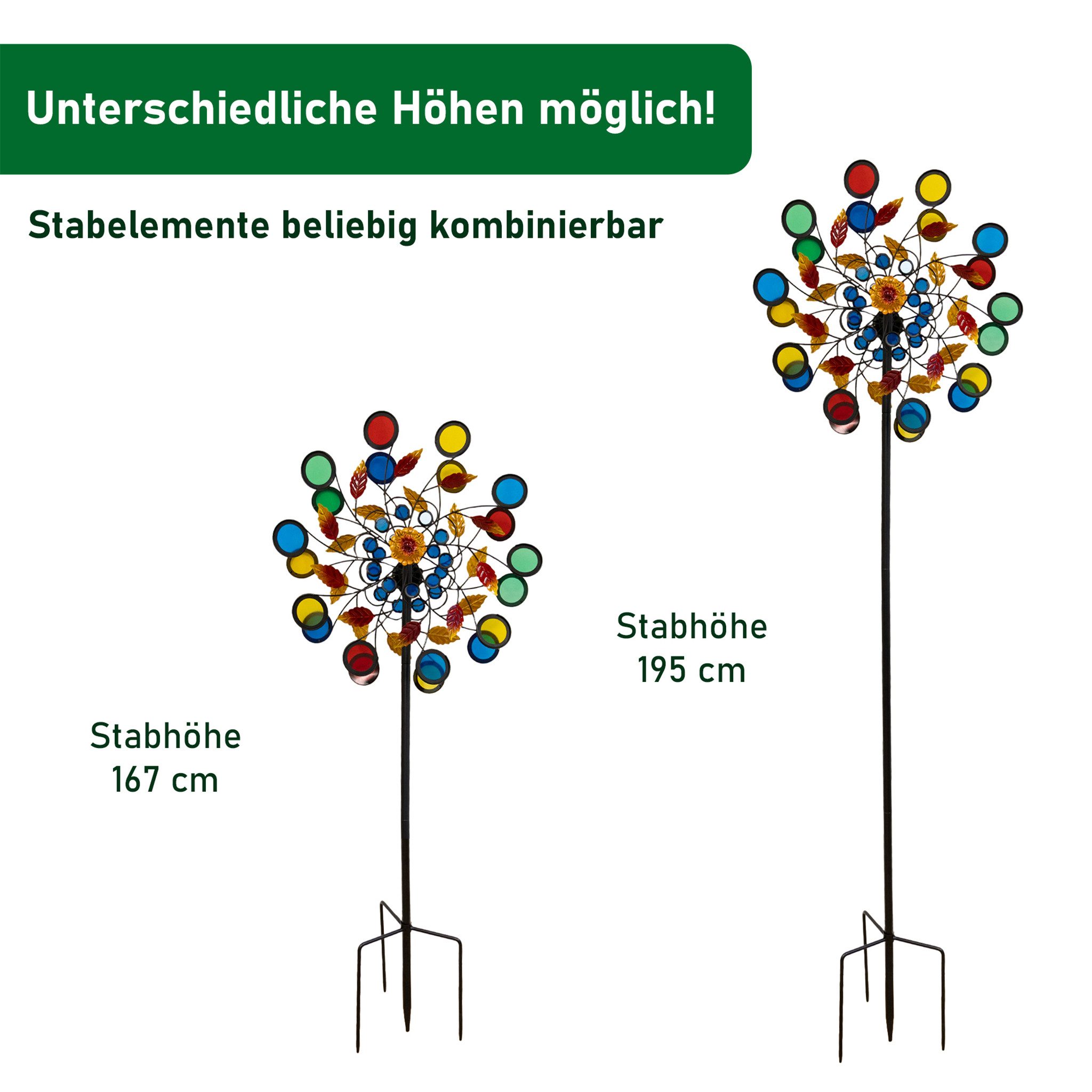Lemodo Windspiel Windrad Garten Metall, 2 Rotoren, buntes Acryl-Windspiel 213 cm, Acryl-Windrad mit 2 Rotoren