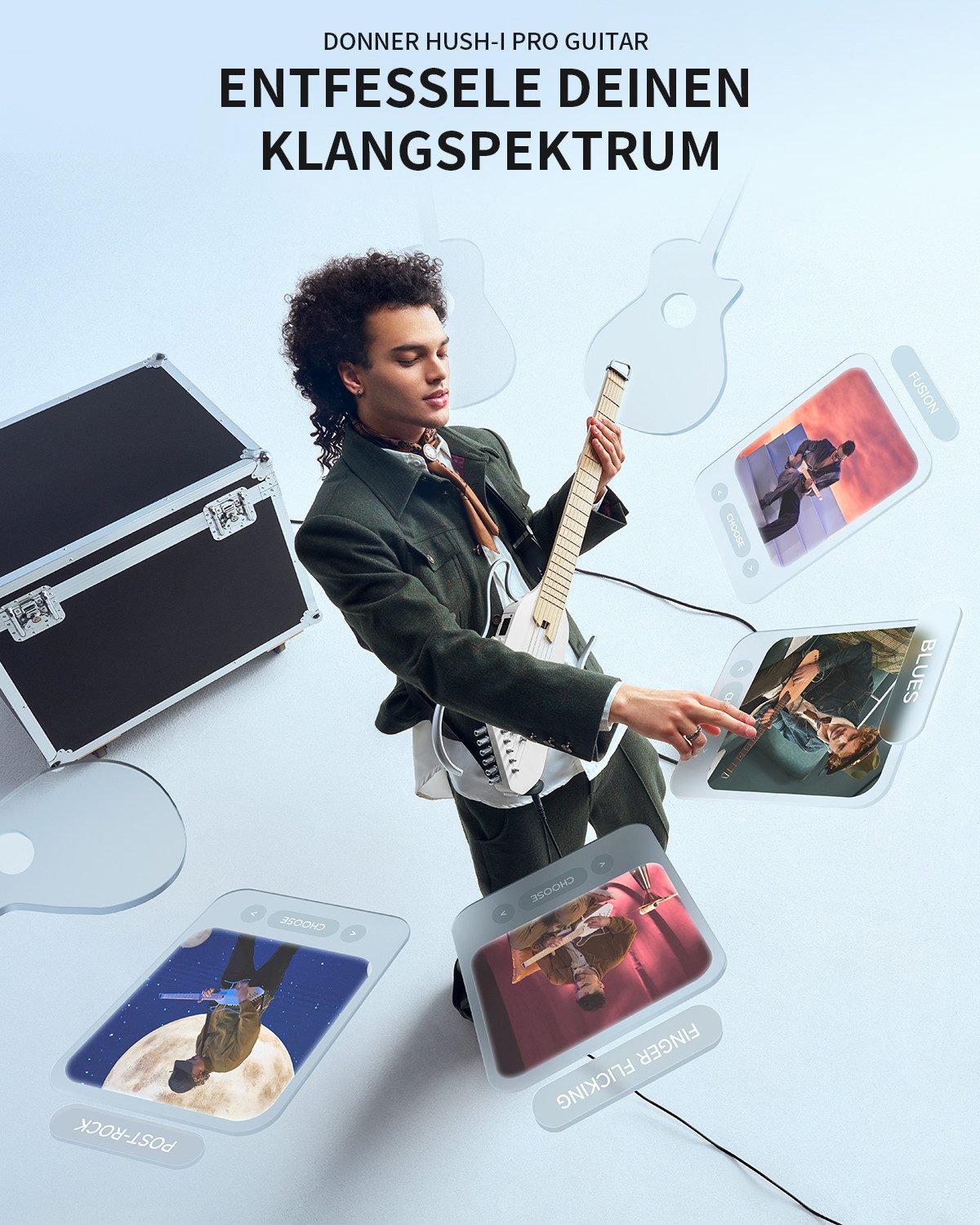Donner Akustikgitarre HUSH I PRO Reisegitarre Effekte Smart E-Gitarre Set mit Kopfhörer, Matt Federleichte kopflose Gitarre, Kopfhörer, Gigbag, Gurt, Ladekabel, Ideal für Reisen und zum Üben