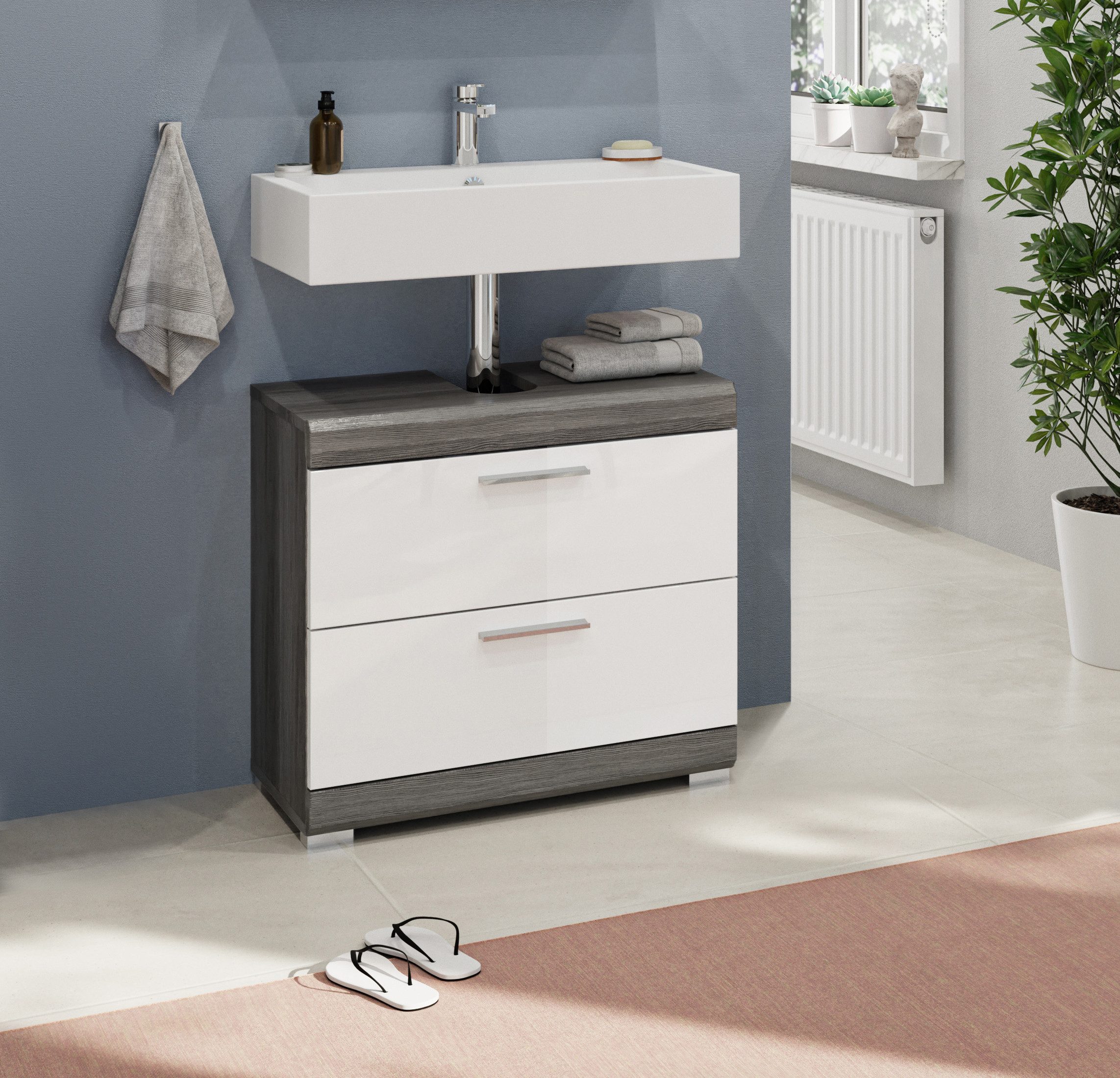 welltime Waschbeckenunterschrank SIENA, Breite 60cm, mit 2 Türen oder 2 Schubkästen, MDF-Front (1-St., TOPSELLER!, mit Siphonausschnitt 10x25 cm) in verschieden – Bild 2 von 5