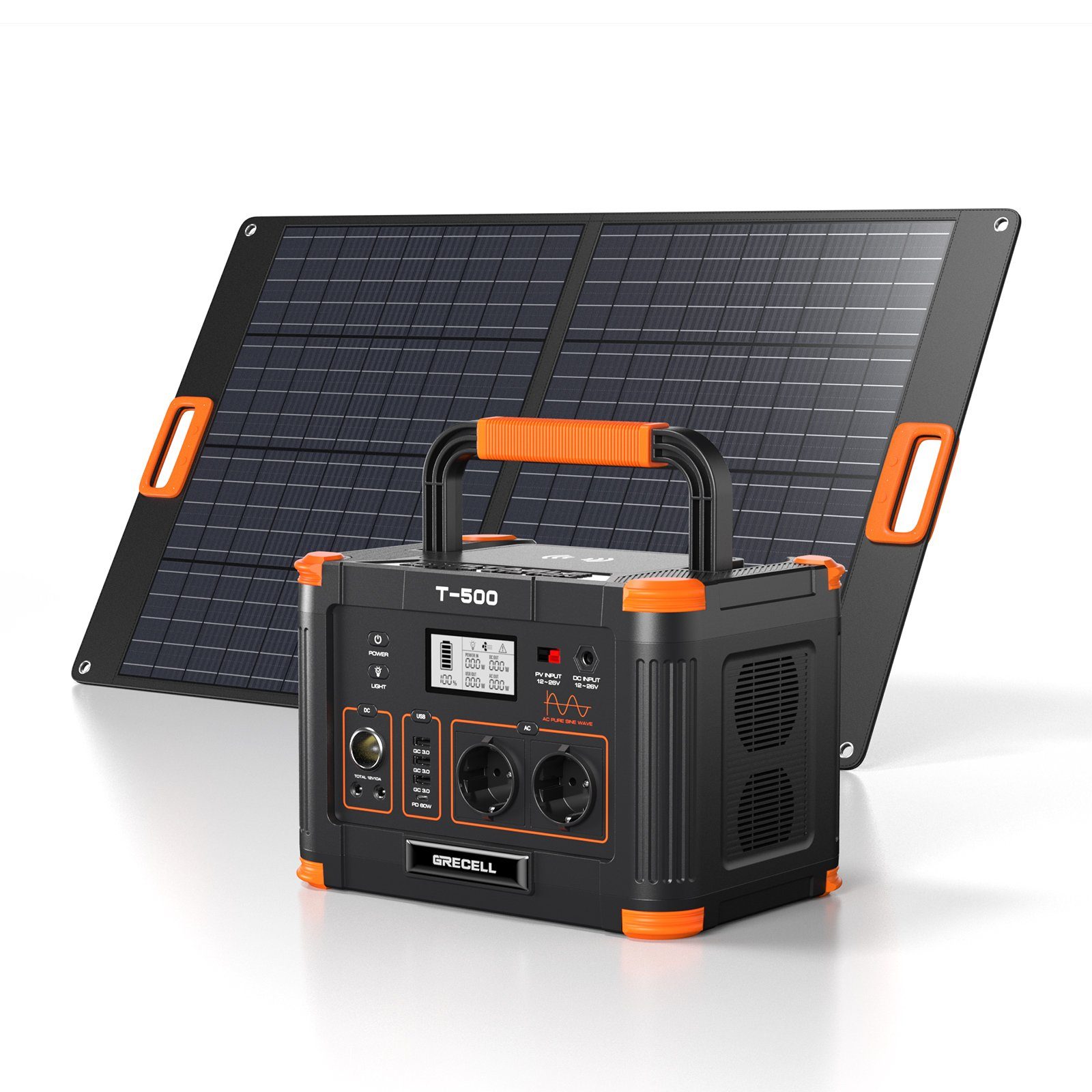 GRECELL Stromerzeuger 500W Tragbare Powerstation,Solar Generator für Outdoor Camping, 0,50 in kW, (2-tlg), mit 100W Solarpanel 500W+100W