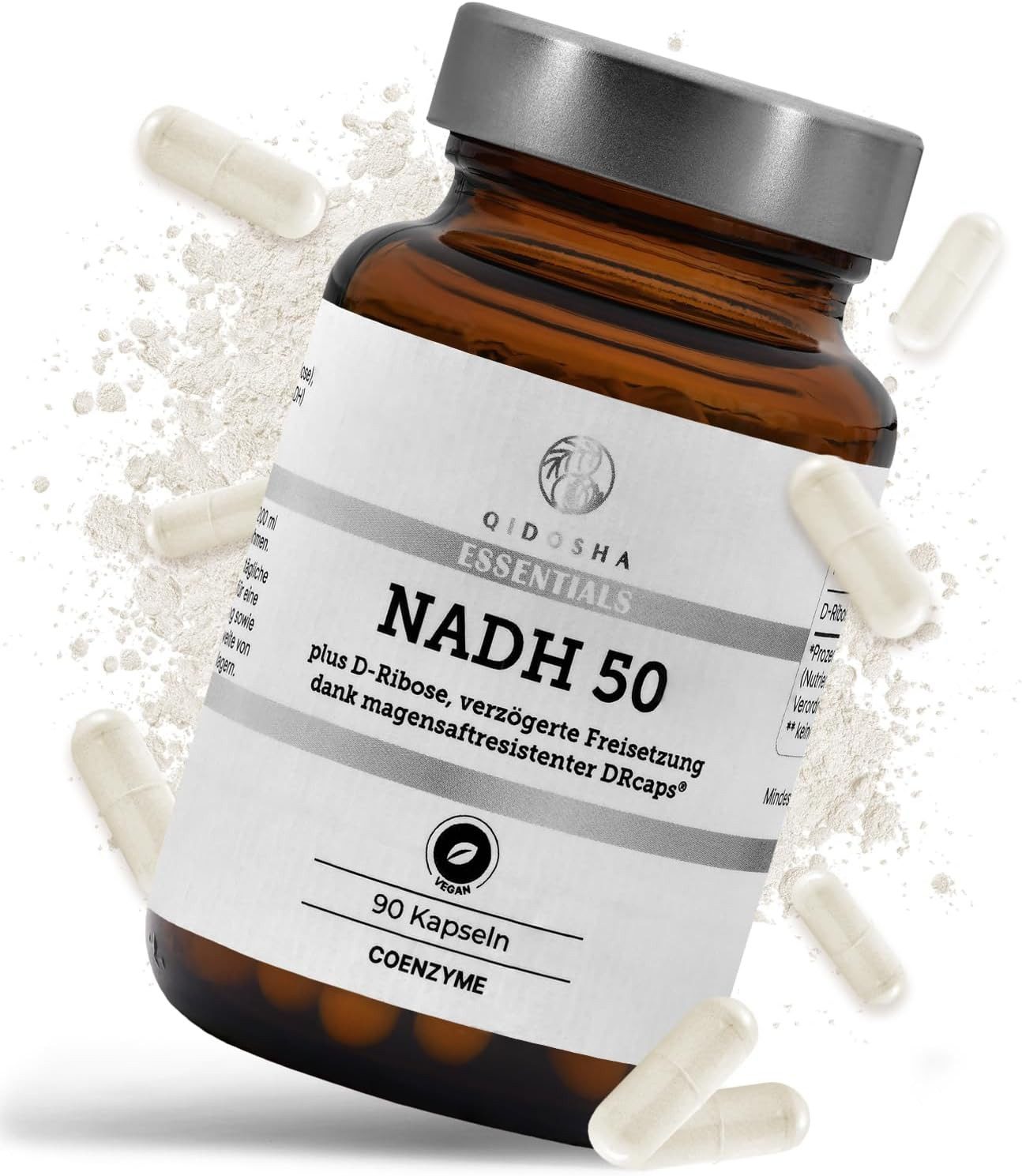 QIDOSHA NADH plus D-Ribose Kapseln, ertifizierter Wirkstoffgehalt, 90 Stk im Apothekerglas, in magensaftresistenten DRcaps® mit verzögerter Freisetzung, NADH hochdosiert à 90 St., 58.6 g