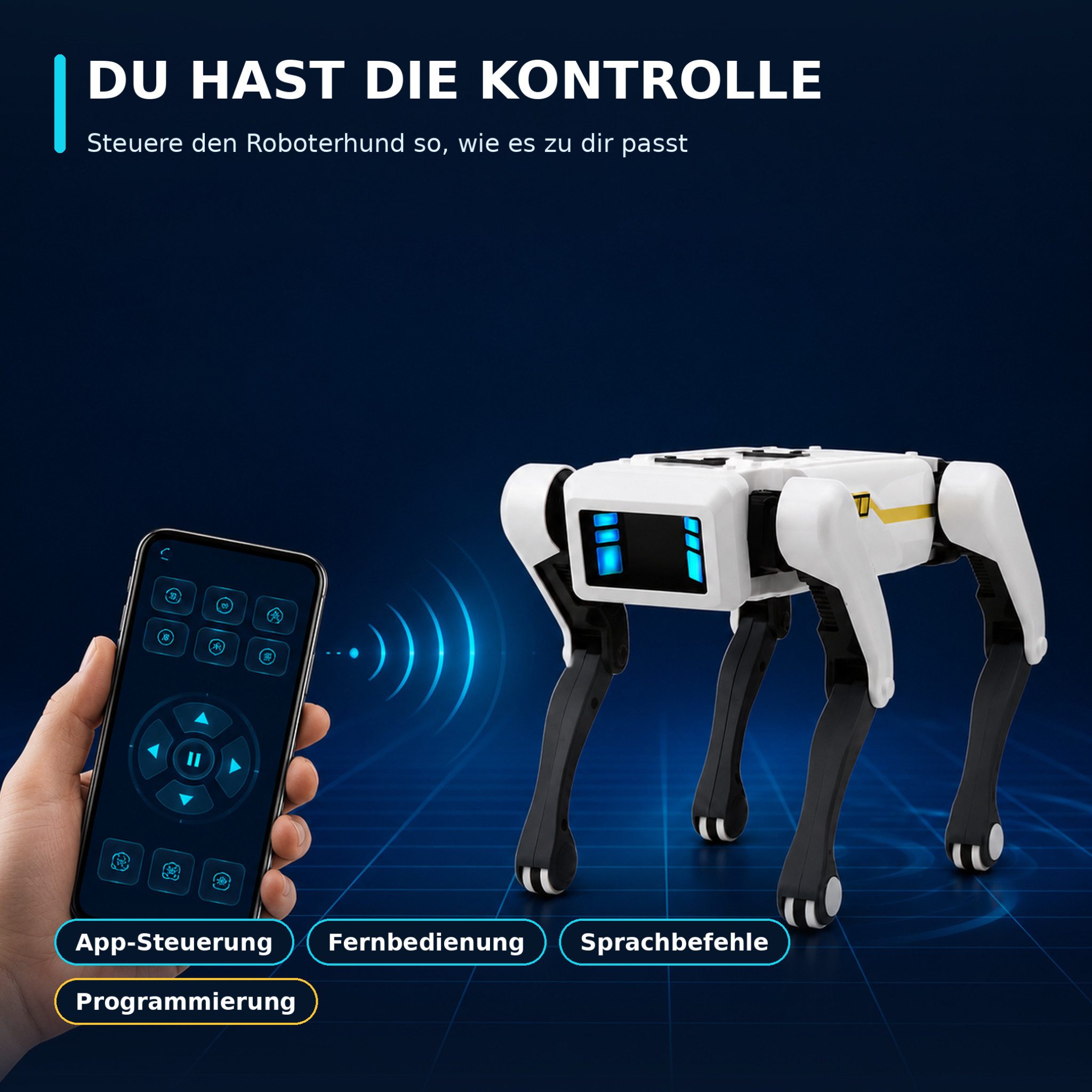 HS.SUPPLY Robotertier Interaktiver Roboterhund mit App, Fernbedienung & 12 Bewegungen (Komplett-Set), Interaktiver Roboterhund mit 12 Bewegungen, programmierbaren Abläufen