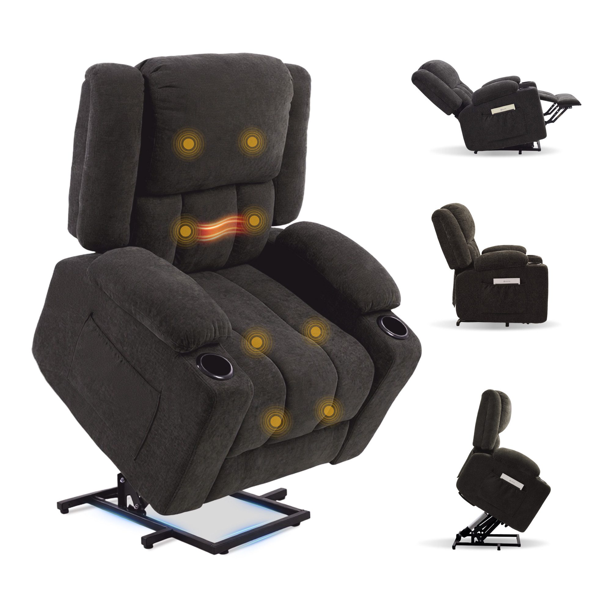 FLEXISPOT Relaxsessel Elektrischer Relaxsessel mit Aufstehhilfe, Massage- und Liegefunktion (mit Heizfunktion, 8-Punkt-Massage, USB-/Type-C-Anschluss, 2 Seitentaschen, 2 integrierte Getränkehalter, 105°-165° verstellbar), belastbar bis 200 kg, XL6