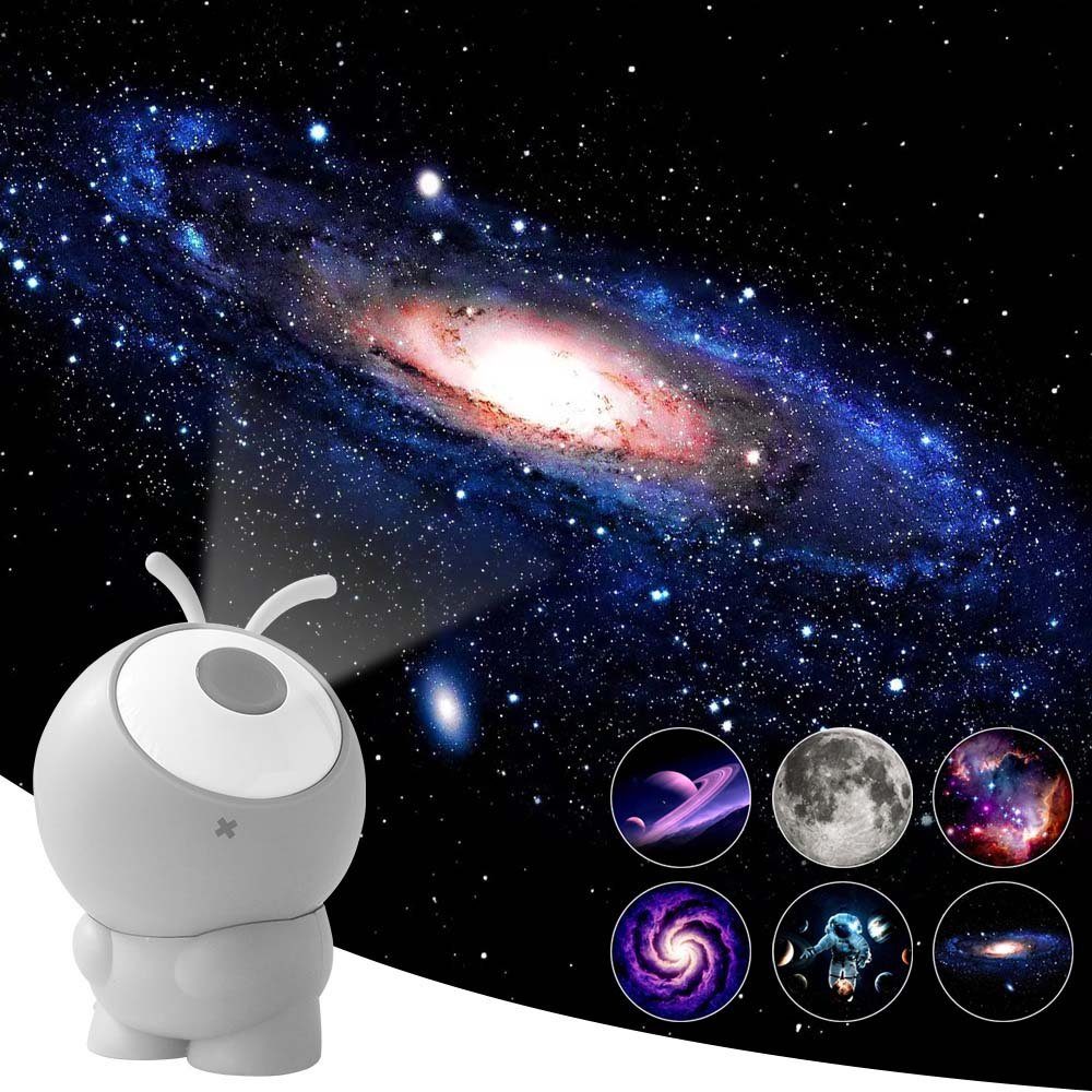 Rosnek Projektionslampe Sternenhimmel Projektor Kinder, 6-in-1 Galaxy Projektor Nachtlicht, Sternenprojektor mit 360° Rotation, Akku, 6 Motiven fürs Kinderzimmer