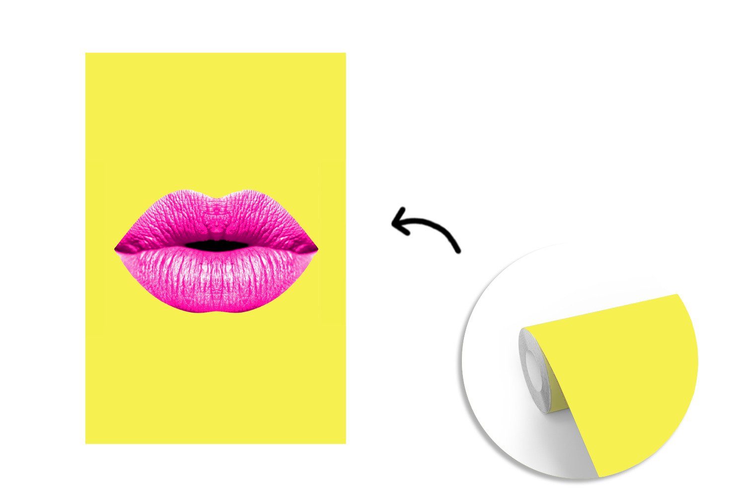 Montagefertig Lippen MuchoWow - Matt, bedruckt, (3 Wandtapete Wohnzimmer, - St), Fototapete Vinyl für Gelb, Tapete Rosa