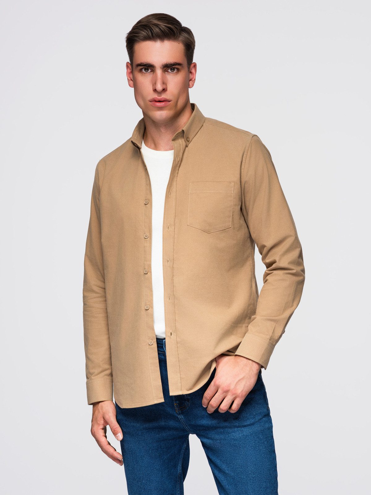 OMBRE Langarmhemd Herren Regular Fit Freizeithemd mit Button-Down Kragen Coffee S (kein Set, 1-tlg)