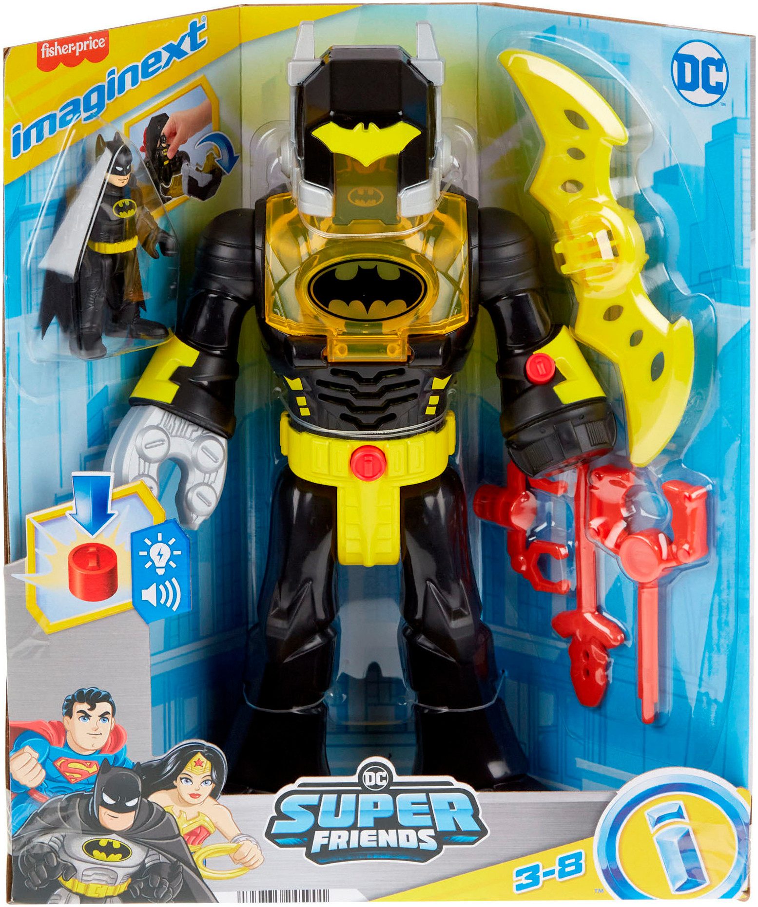Mattel® Actionfigur Imaginext DC Super Friends einsetzbarer Batman mit Exo-Anzug Roboter, (6-tlg), mit Licht und Sound sowie 4 Kampfzubehörteilen