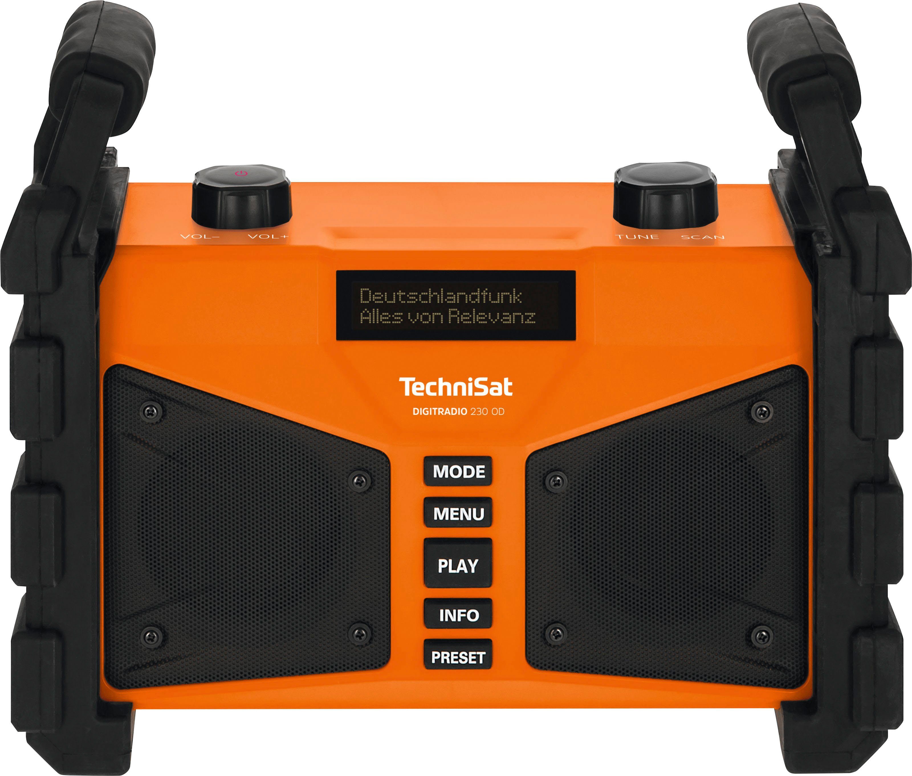 TechniSat DIGITRADIO 230 OD Baustellenradio (UKW mit RDS, 12 W, staub- und  wassergeschützt (IP65), 20 Stationsspeicher / integrierter Akku mit 10 Std.  Laufzeit | Baustellenradios