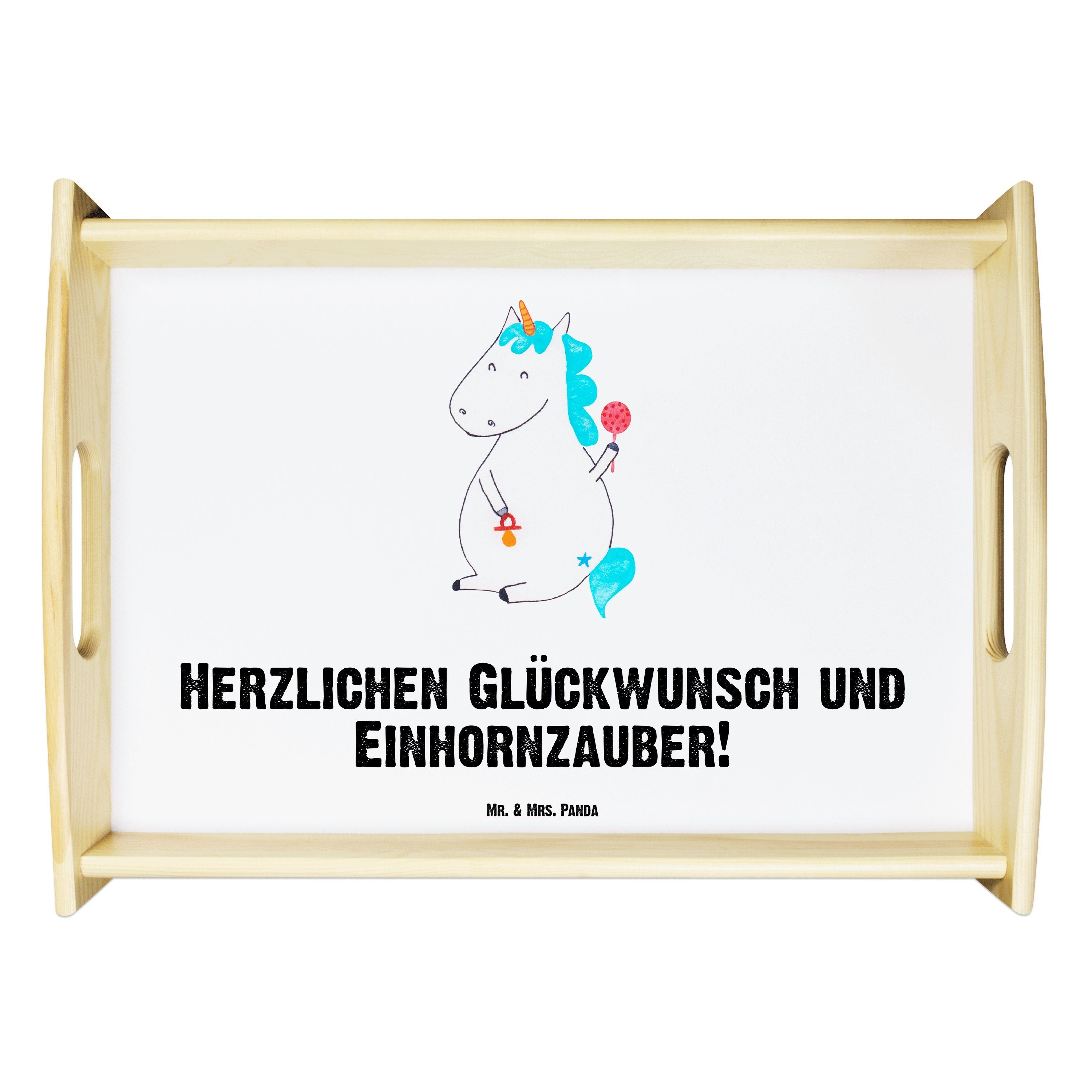 Mr. & Mrs. Panda Tablett Einhorn Baby - Weiß - Geschenk, Frühstückstablett, Küchentablett, Ein, Echtholz lasiert, (1-tlg)