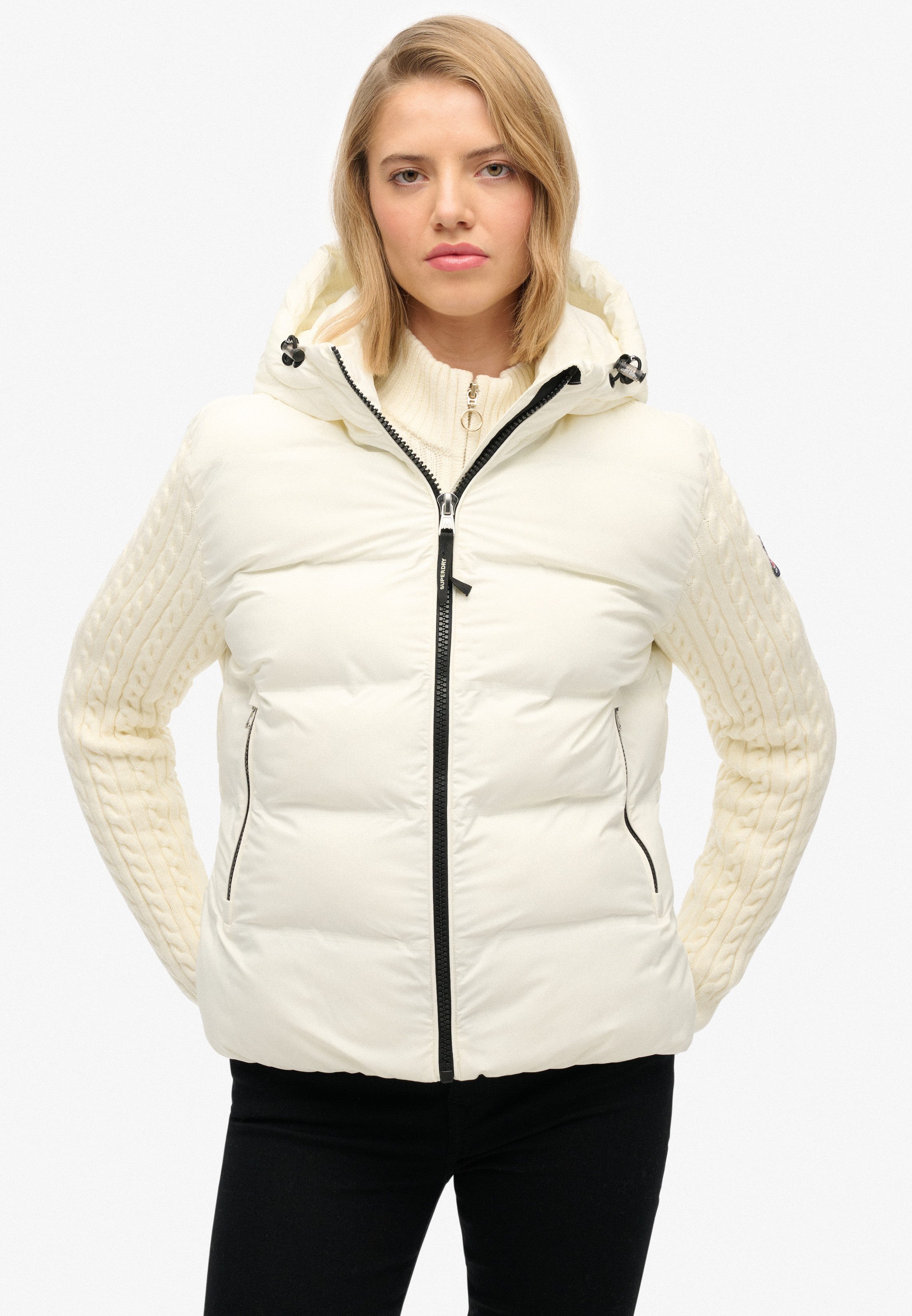 Superdry Steppjacke CABLE KNIT SLEEVE HYBRID Kunstfaser, Strickärmel, slim fit