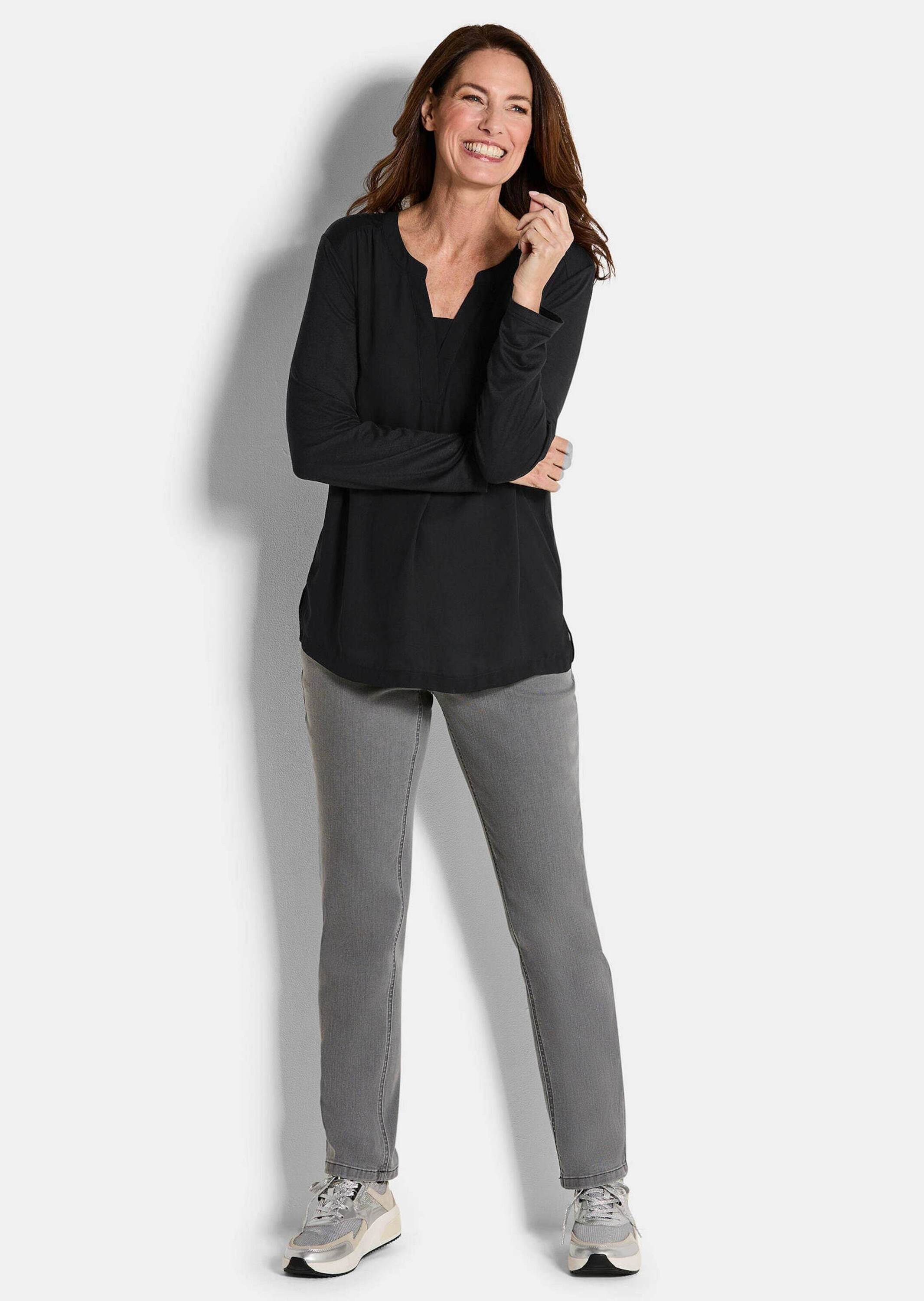 GOLDNER Shirtbluse Kurzgröße: Elegantes Chiffonshirt, Jersey-Details Langar günstig online kaufen