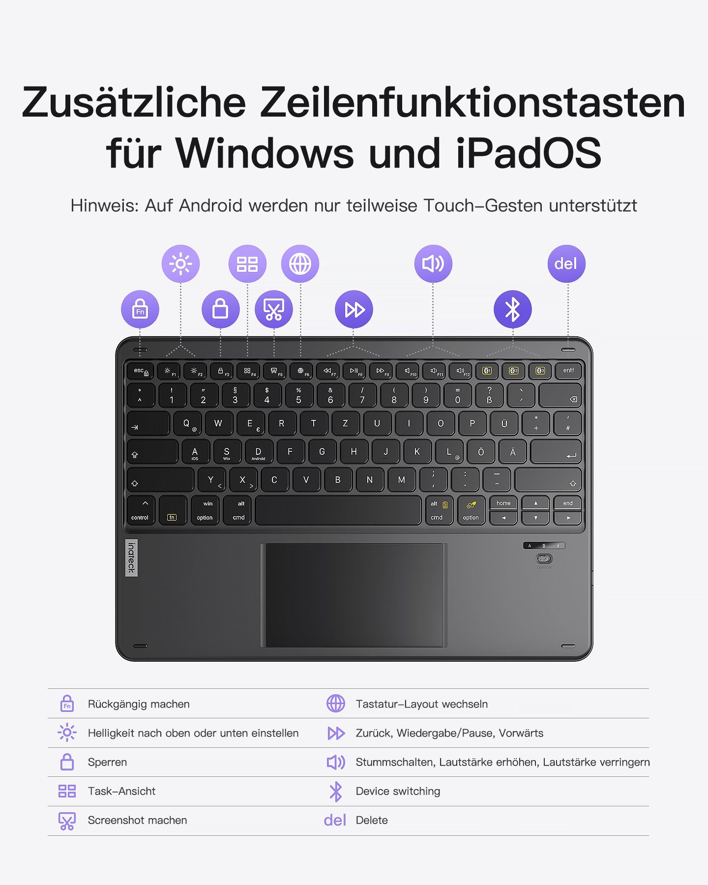 Inateck Tablet Tastatur mit Touchpad, (kompatibel Bluetooth Android/iOS-Systeme/Smartphones/Windows drei PC/iPad) mit Kanäle Wireless-Tastatur