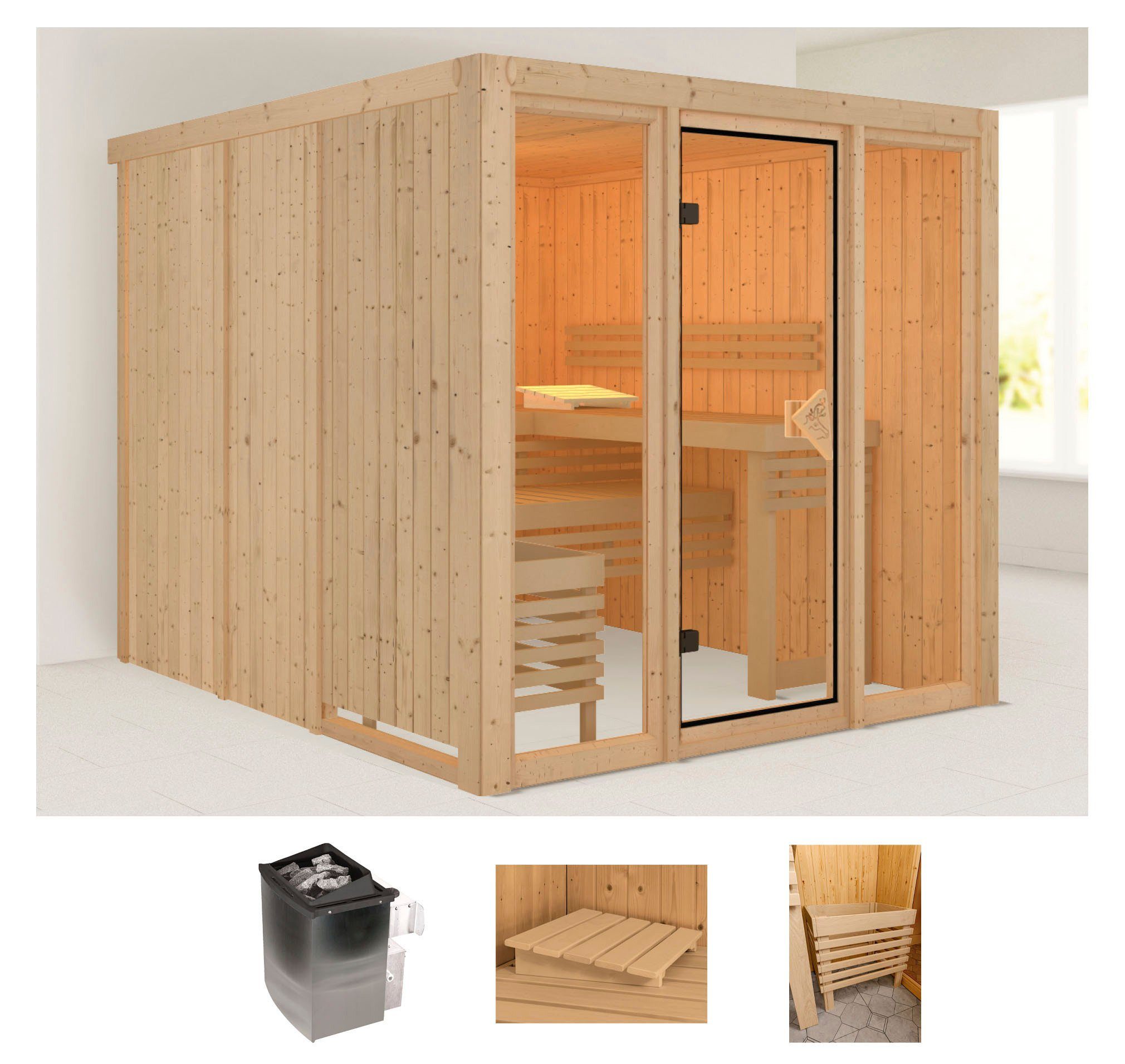 welltime Sauna Artja, BxTxH: 216 x 234 x 198 cm, 68 mm, (Set) Ofen 9 kW integr. Strg
