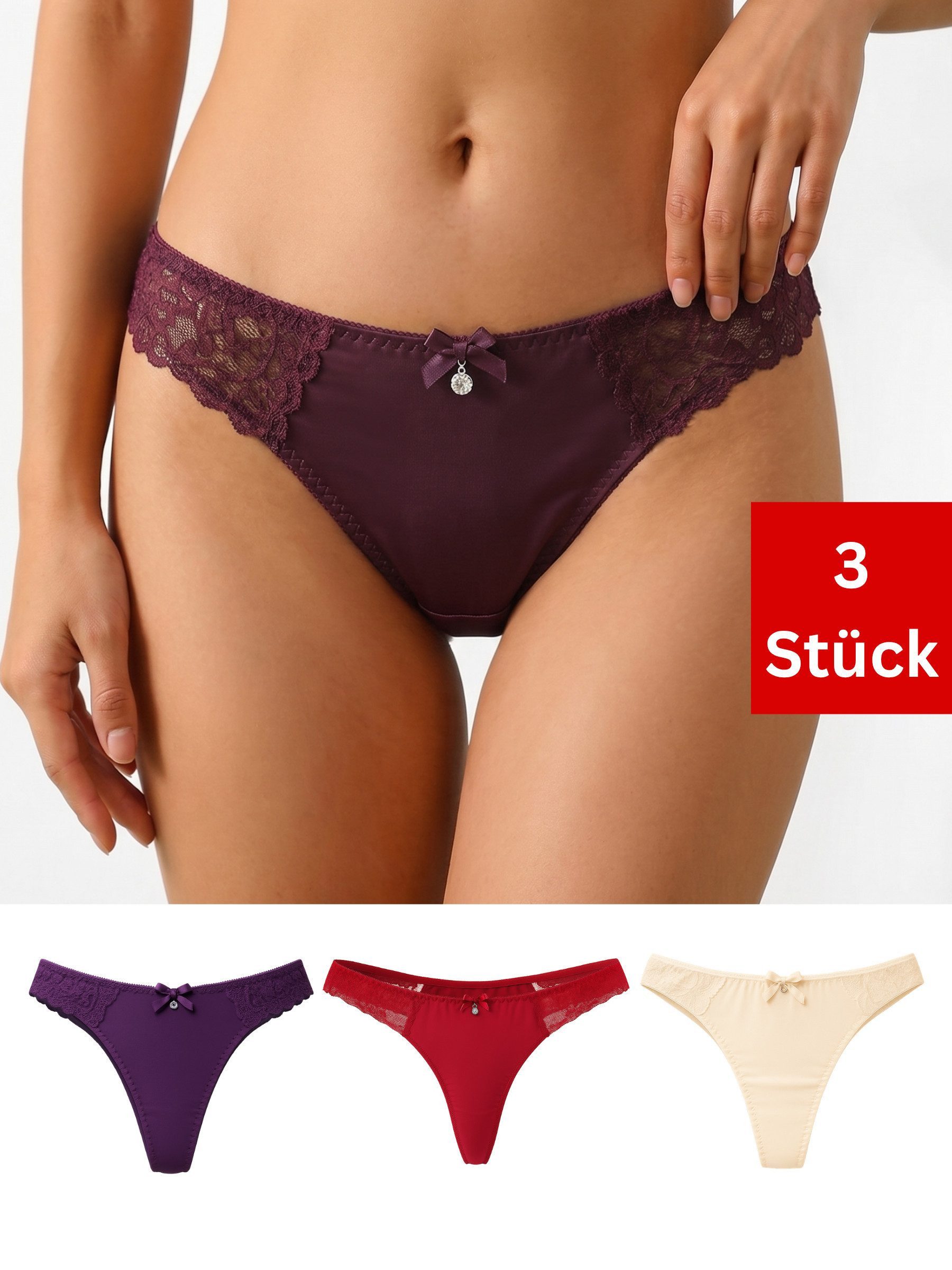 Elegant Love Tangaslip Tangas mit Schleife & Zieranhänger, Unterwäsche (Set, 3-St., 3er-Pack) Sexy Damen-Strings – Komfortable Hüftslips