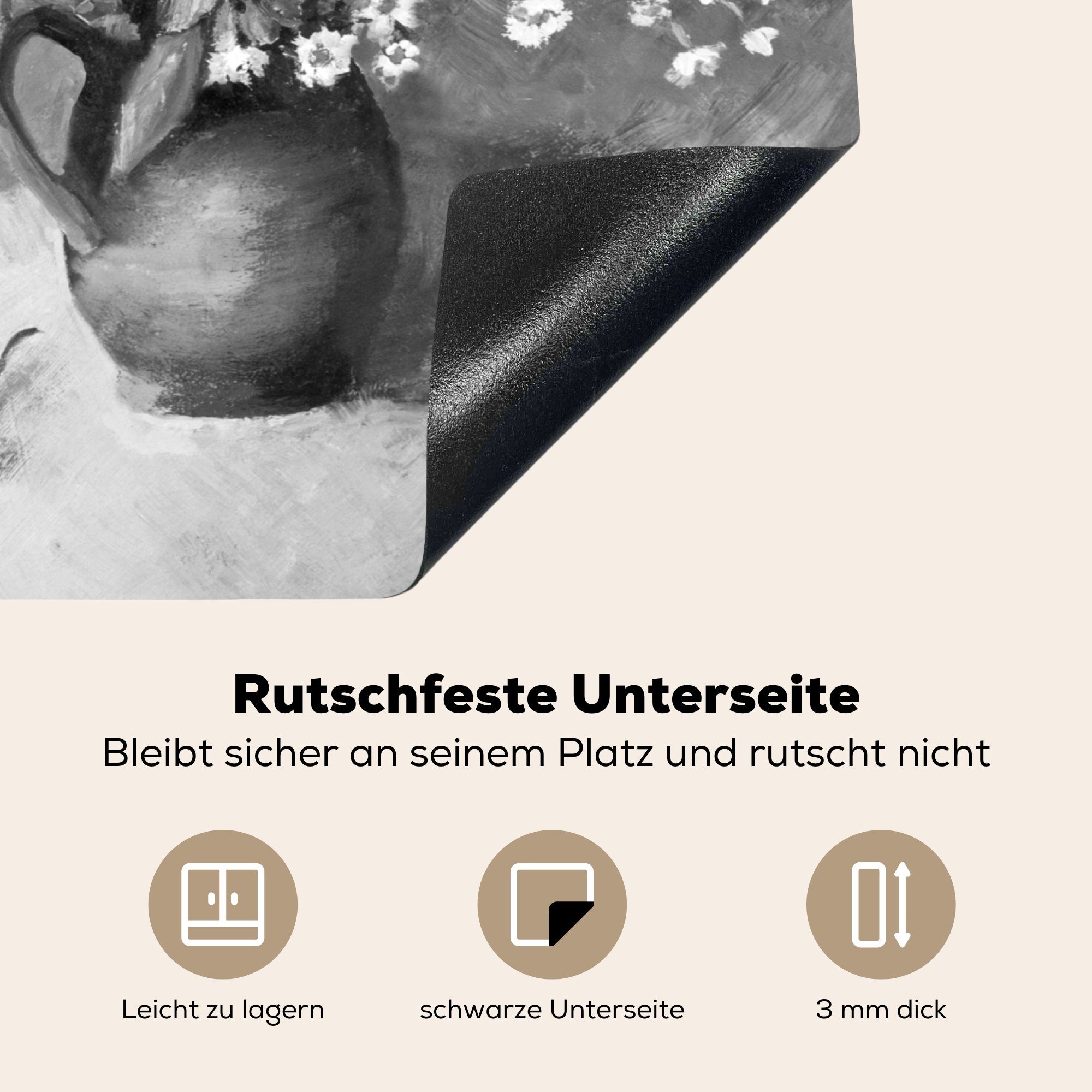 nutzbar, MuchoWow cm, Herdblende-/Abdeckplatte Mobile - (1 schwarz-weiß, Ceranfeldabdeckung Stilleben Vase einer mit Vinyl, tlg), Arbeitsfläche Blumen 60x52 in
