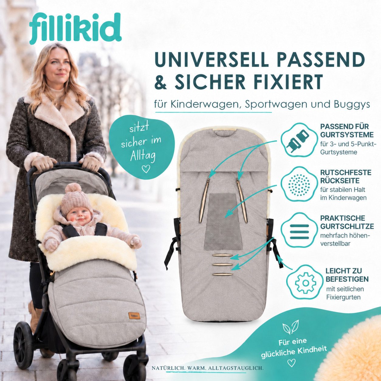 Fillikid Fußsack Winterfußsack Bernina Lammfell Exklusiv, Warmer Winterfußsack mit echtem Merino-Lammfell wasserabweisend und – Bild 5 von 5