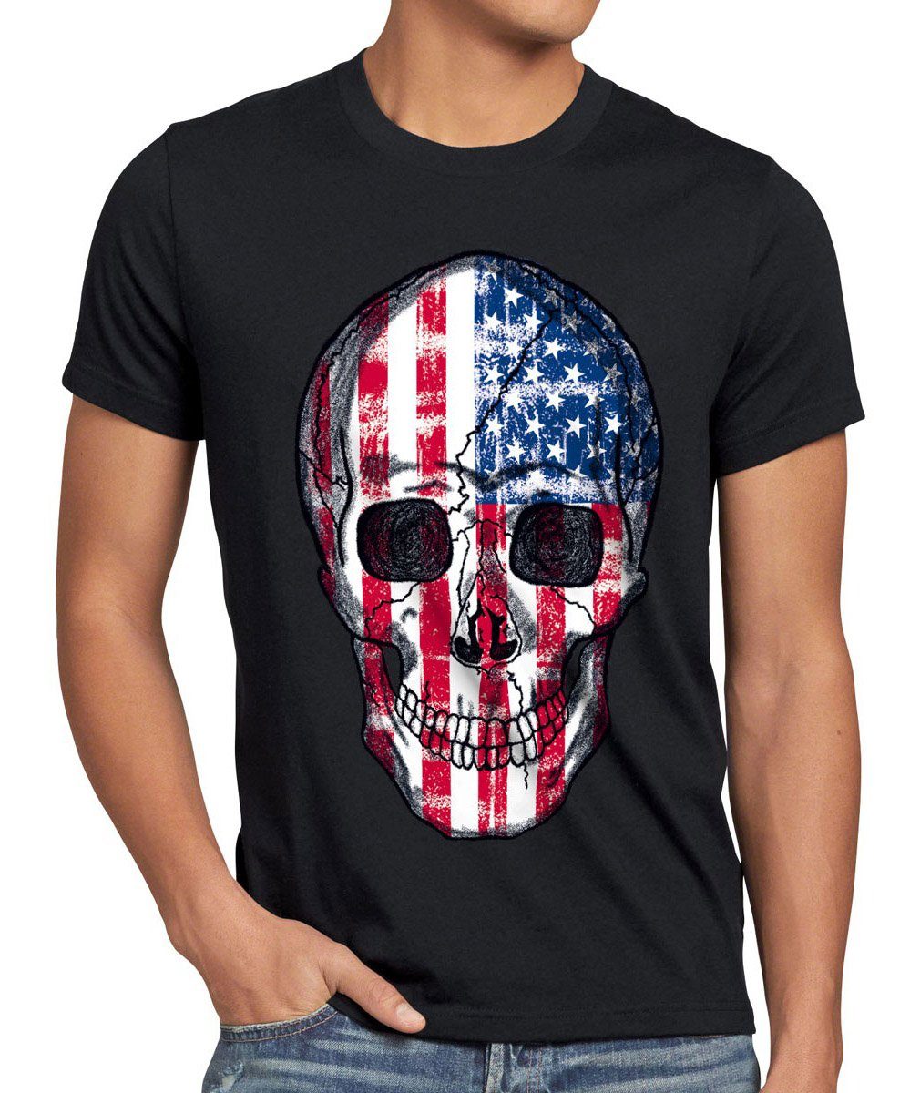 Skull knochen amerika stripes Totenkopf T-Shirt Print-Shirt flagge USA Herren schwarz rocker stars style3