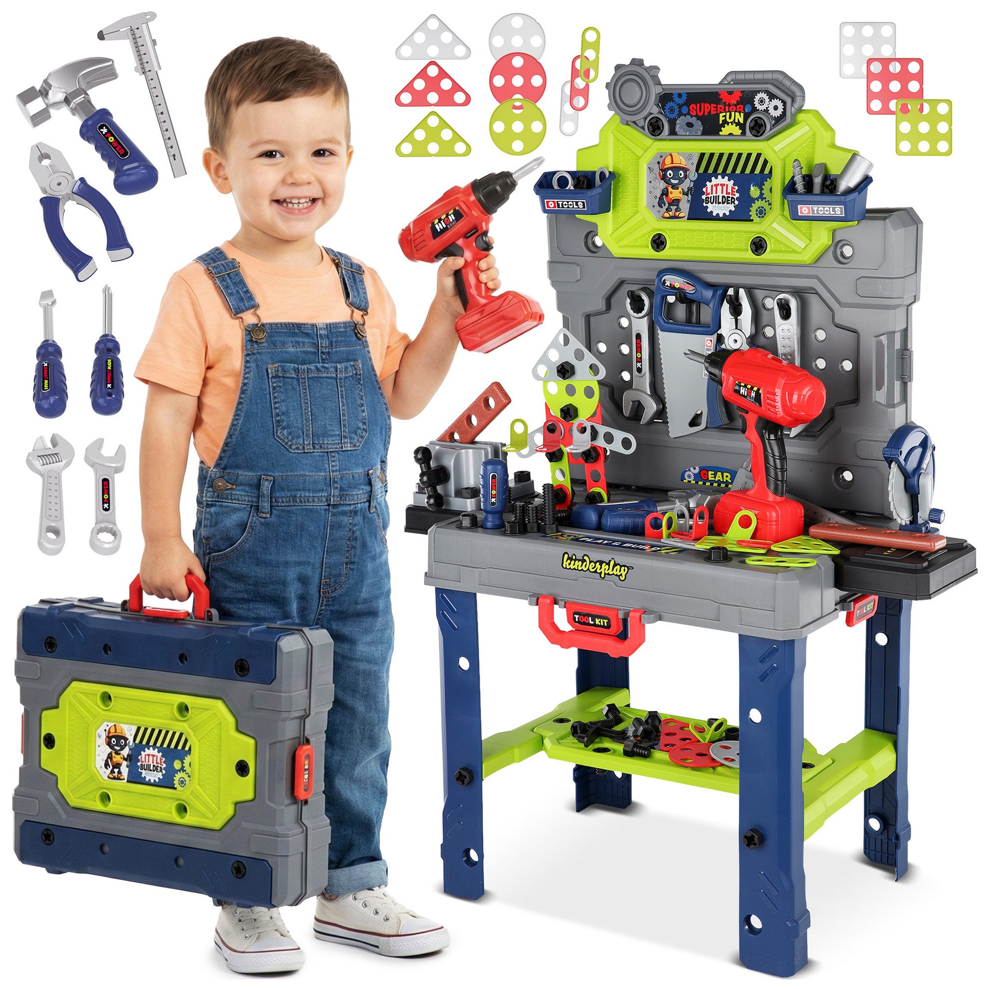 kinderplay Lernspielzeug Kinder Werkbank mit Bohrmaschine – Lernspielzeug – 2in1 Set
