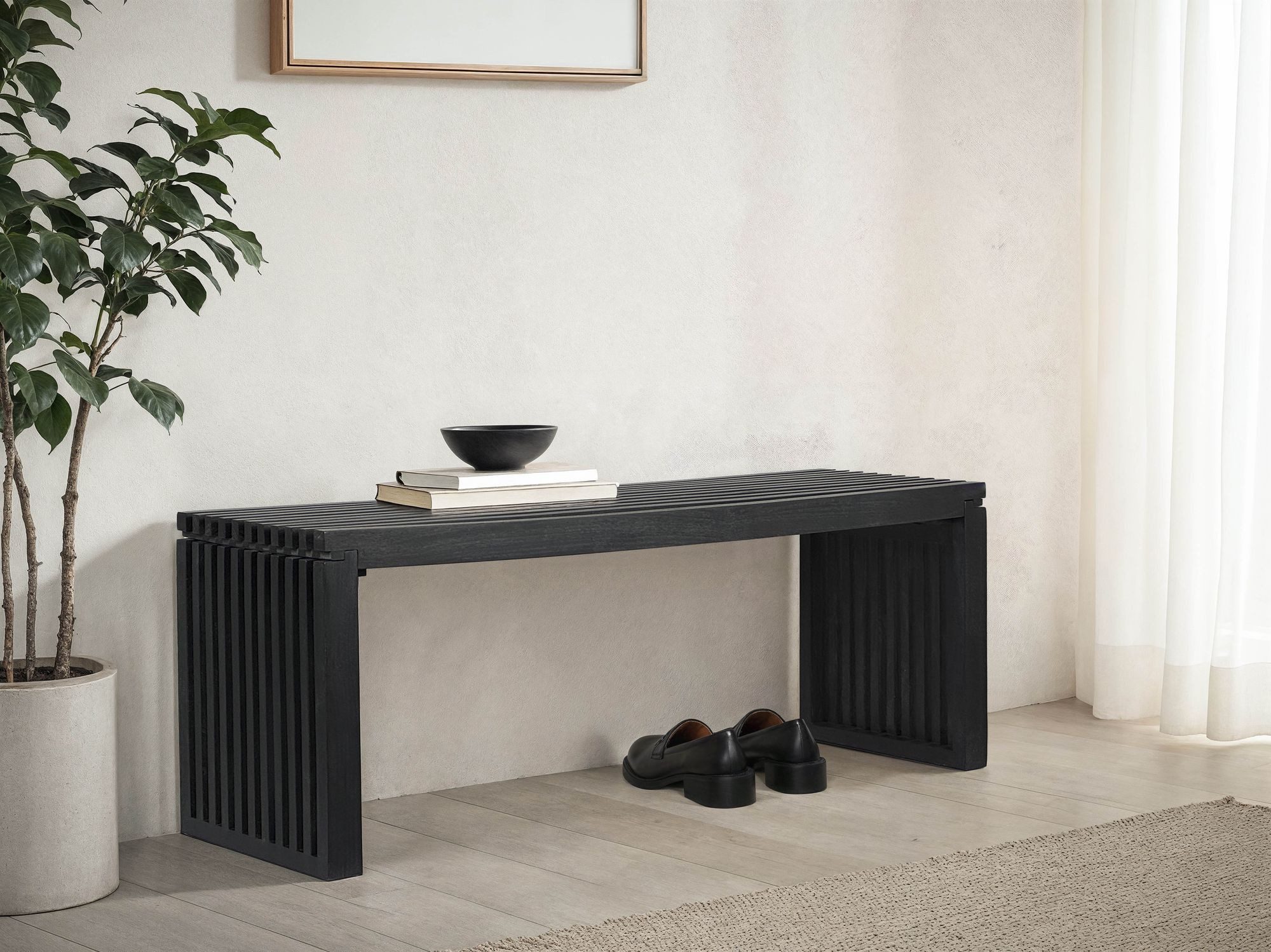 FINEBUY Sitzbank FB111495 Garderobenbank Akazie Massivholz 120 cm Schwarz Flurbank (Akazie Massivholz Bank 120 cm Bettbank Schwarz), Flurbank Modern, Kleine Dielenbank 2 Personen