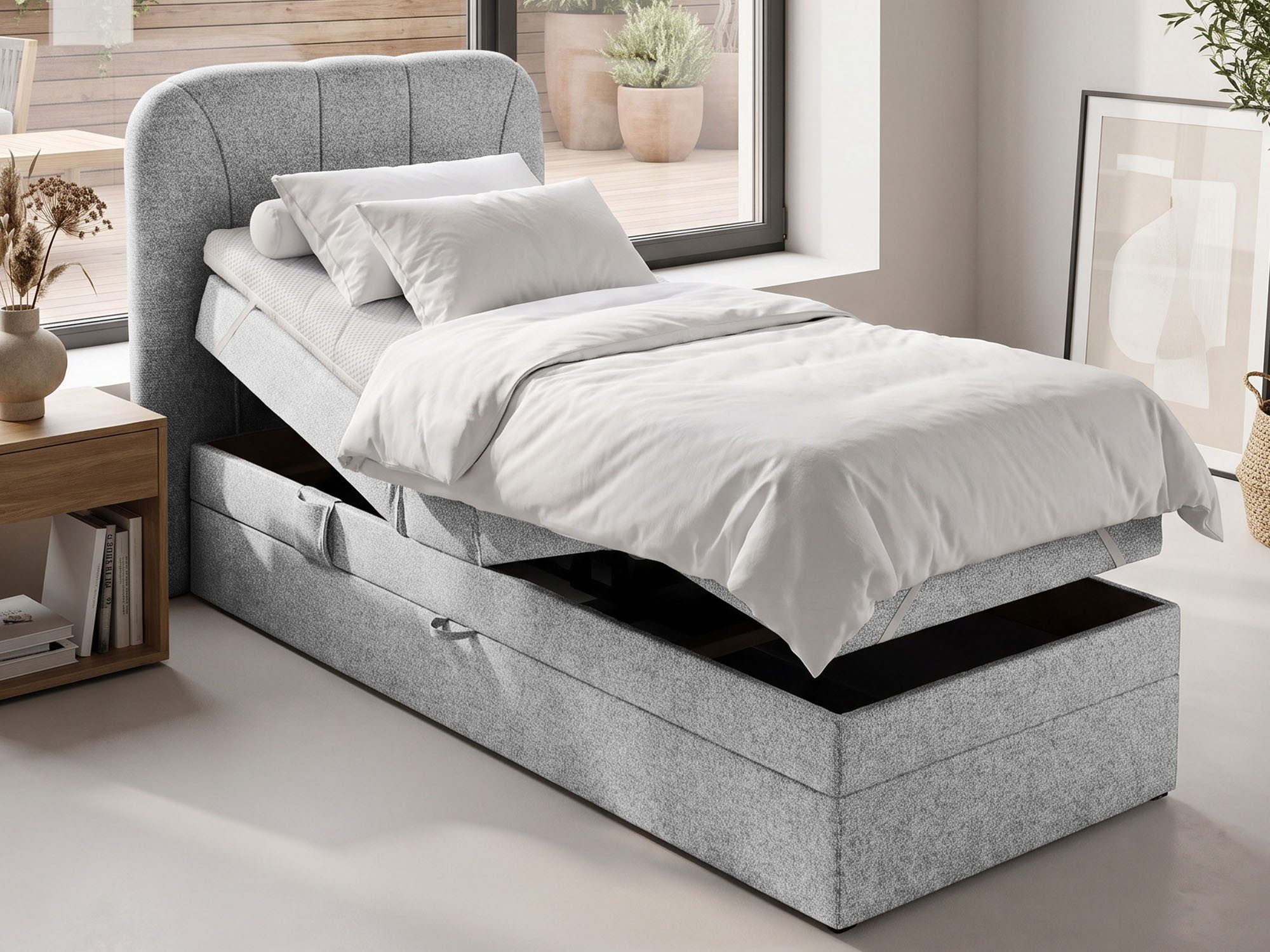 Beautysofa Einzelbett ROMEO 90x200 elektrisch verstellbar, Boxspringbett mit Bettkasten (Fernbedienung, Relaxfunktion), 7-Zonen-Taschenfederkern, 8 cm Topper