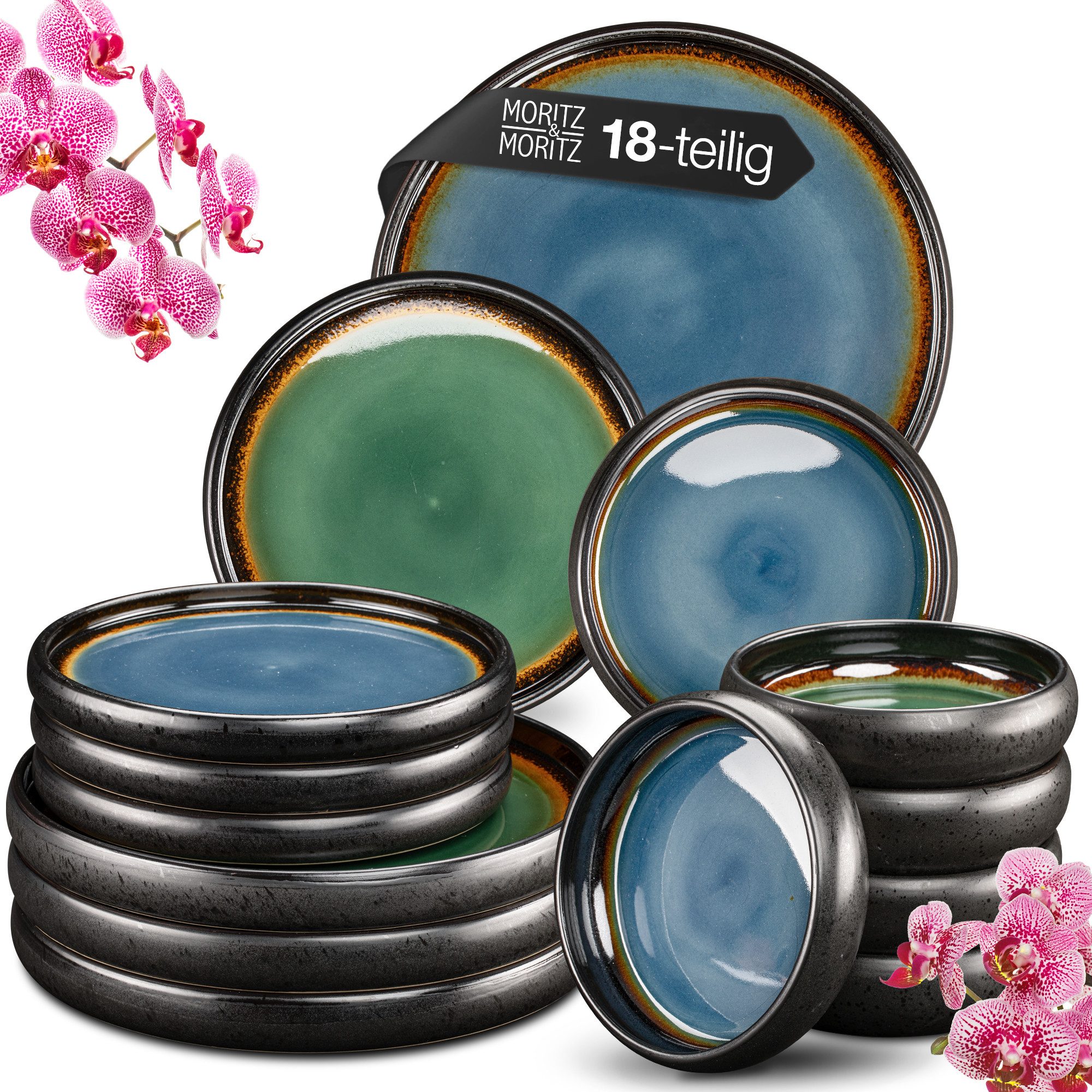 Moritz & Moritz Tafelservice SOLID Geschirrset Blau/Grün (18-tlg), 6 Personen, Steinzeug, Kombigeschirr für 6 Personen