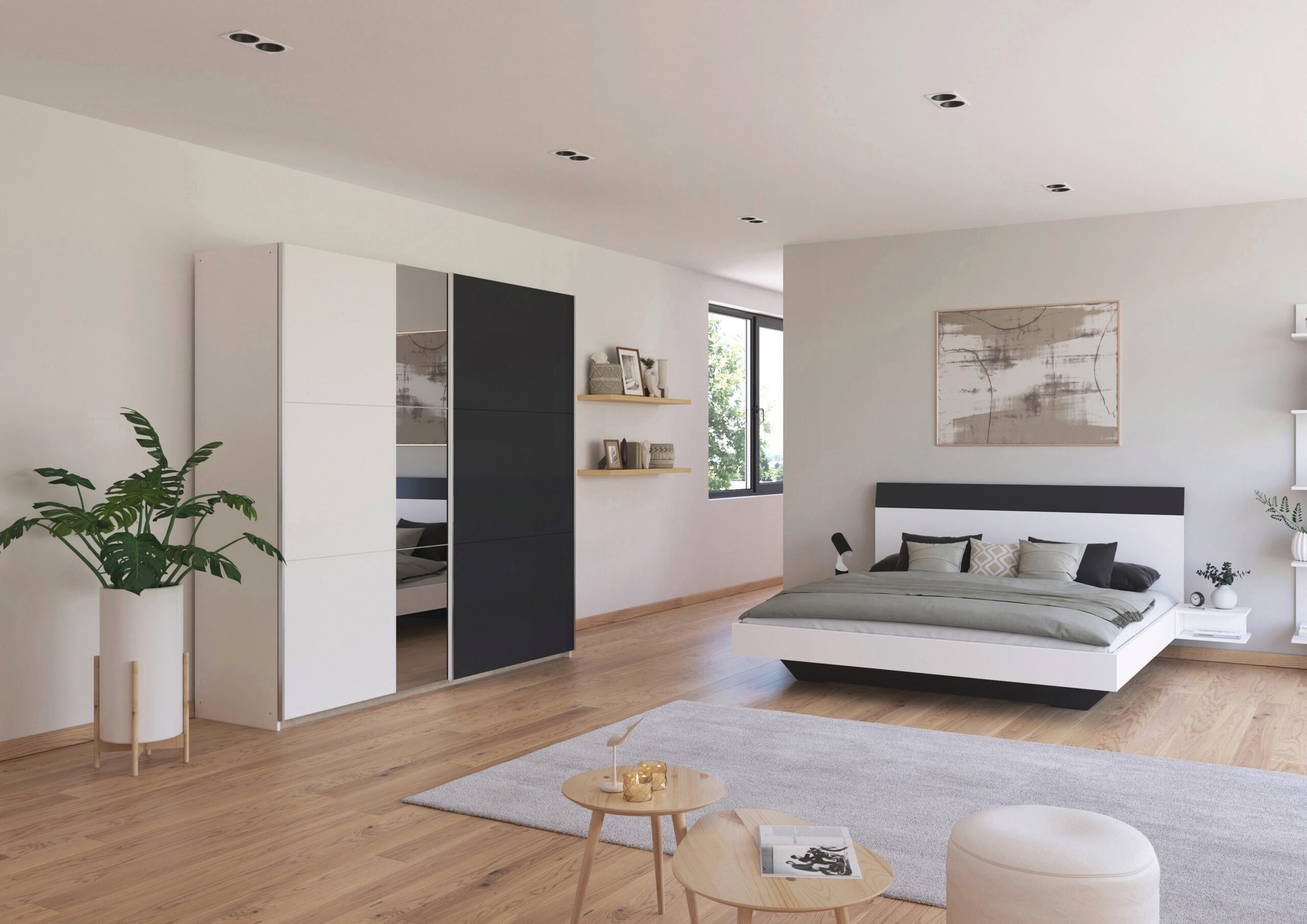 möbel-direkt.de Komplettschlafzimmer Monza im Dekor Weiß und Grau Metallic mit Schwebetürenschrank, (Komplett-Set, mit verschiedenen Bettgrößen wählbar), Made in Germany