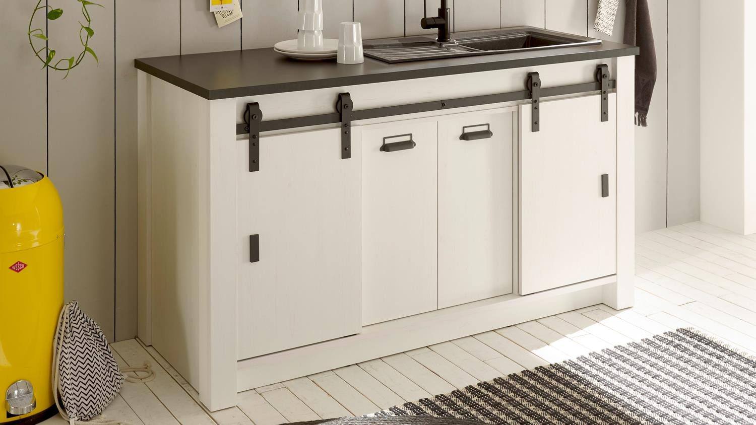 Möbel Akut Kommode Spültisch Sherwood Küchenschrank Pinie weiß 161cm