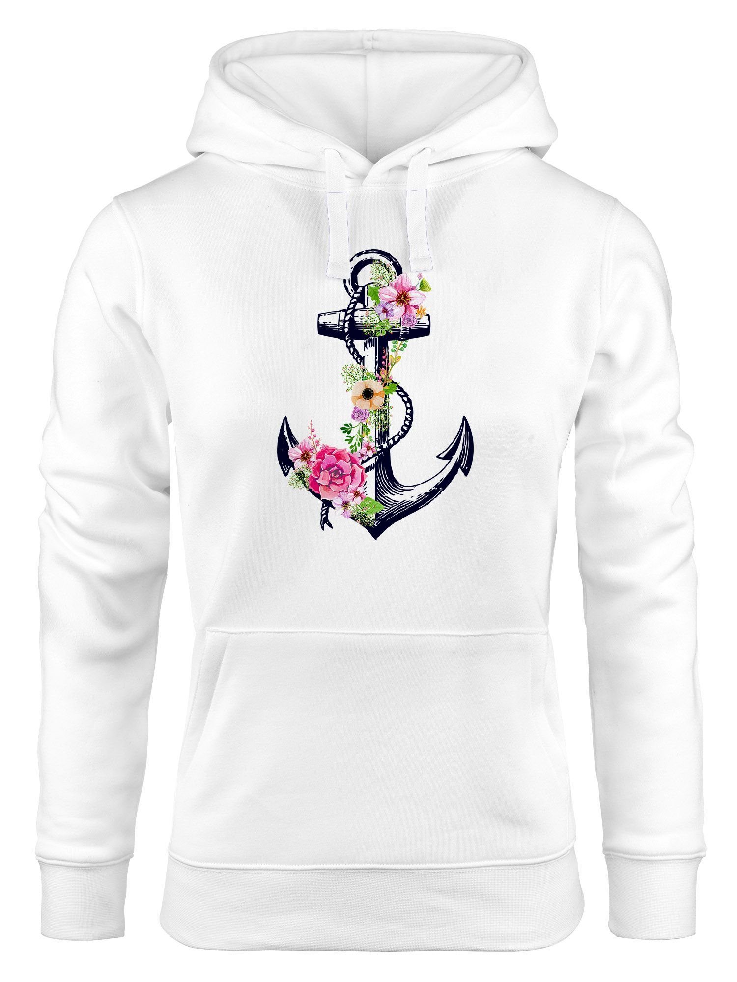 Neverless Hoodie Damen Hoodie Anker Blumen Flower Anchor Watercolor Kapuzen-Pullover Kapuzenpullover Kapuzenpulli Neverless® weiß