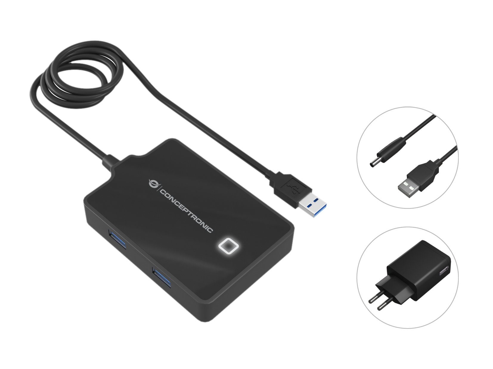 Conceptronic Klemmen CONCEPTRONIC USB-Hub 4-Port 3.0 ->4x3.0 m.Netzteil sw
