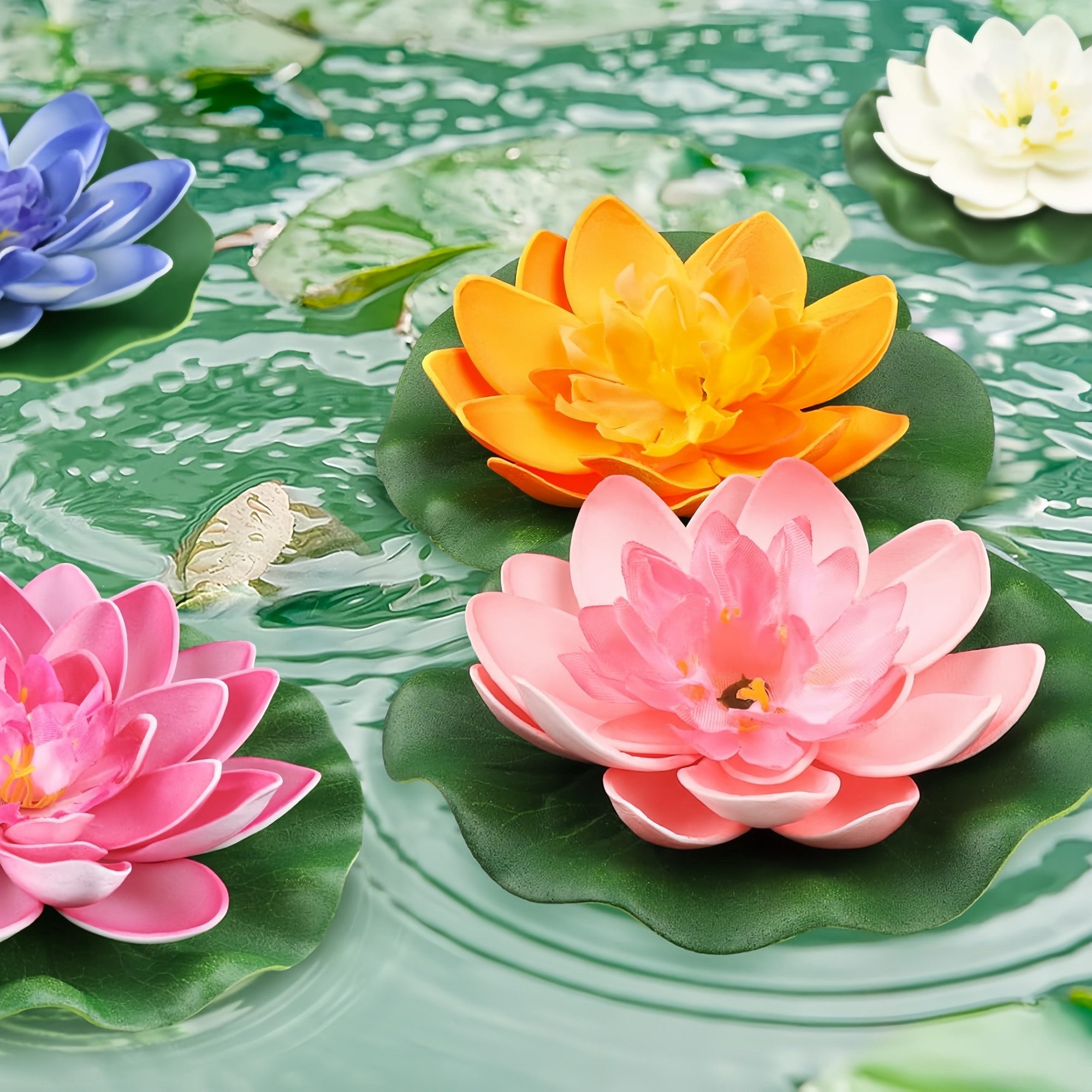 Kunstblumenstrauß 10 bunte künstliche Seerosen für Teich- und Pooldekoration, FOUORTUNATE-BEE, 10 künstliche Schwimm-Seerosen als Deko für Teich und Pool – Bild 5 von 5