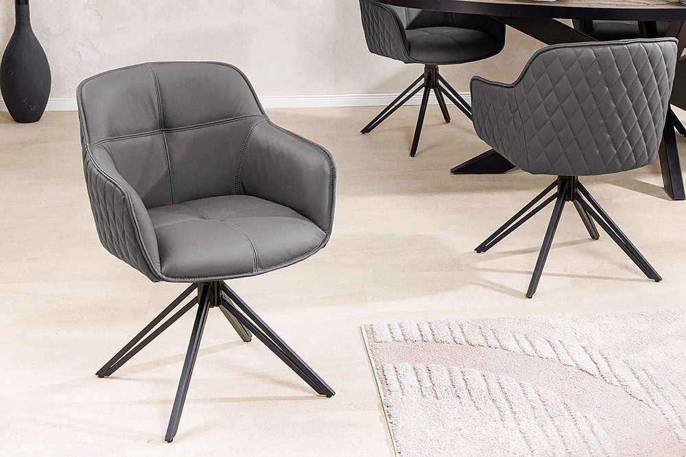 riess-ambiente Polsterstuhl EUPHORIA grau/schwarz – Echtleder, drehbar, Metall-Füße, mit Armlehne (Einzelartikel, 1 St), mit 180° Drehfunktion und Autoreturn – ideal für elegante Esszimmer