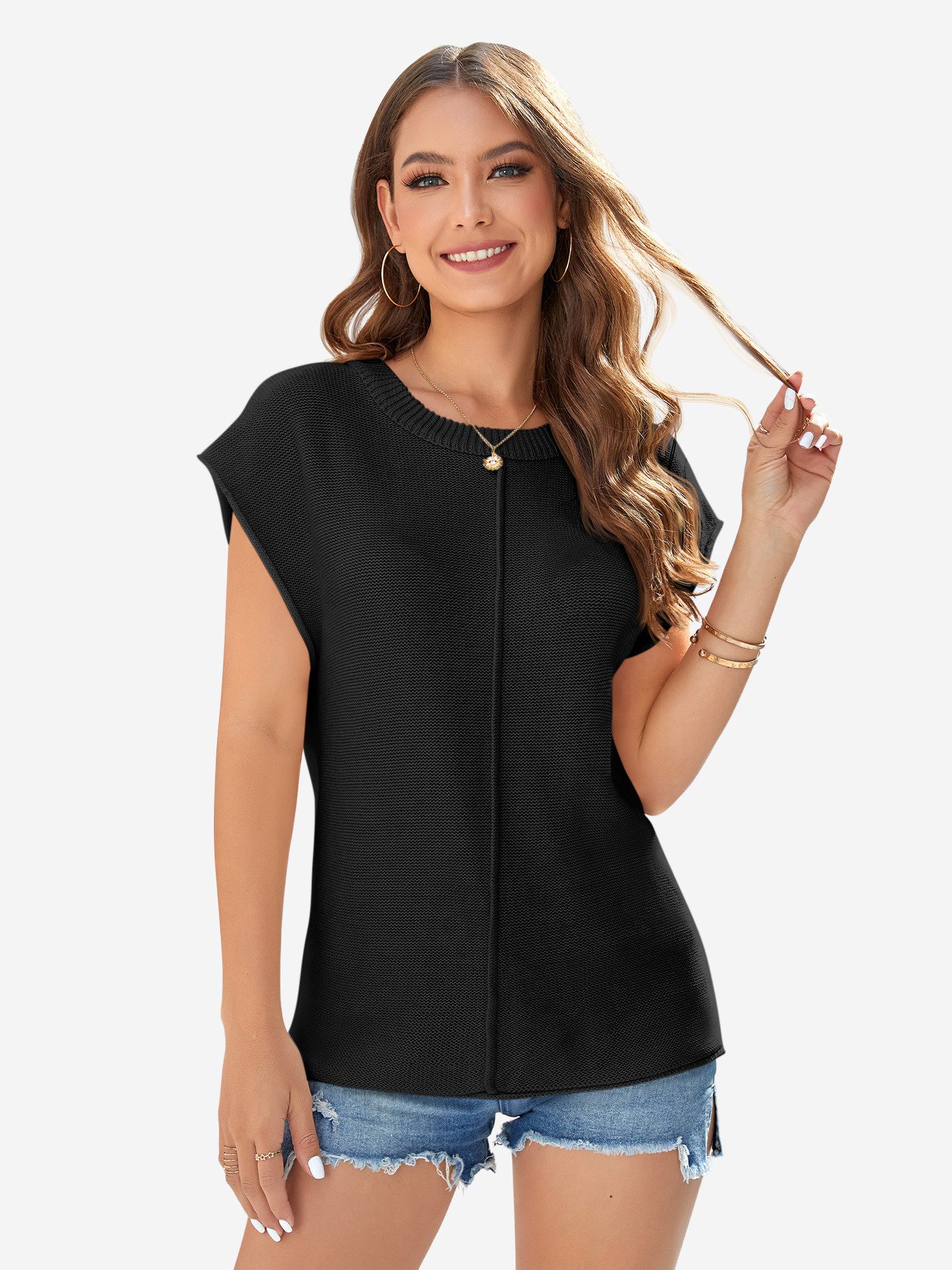 Imily Bela Stricktop Damen Cap Sleeve Kurzarm Rundhals Casual Loose Pullover (Packung, 1-tlg., 1per-Pack) gehäkelt in Unifarbe Teilungsnähte