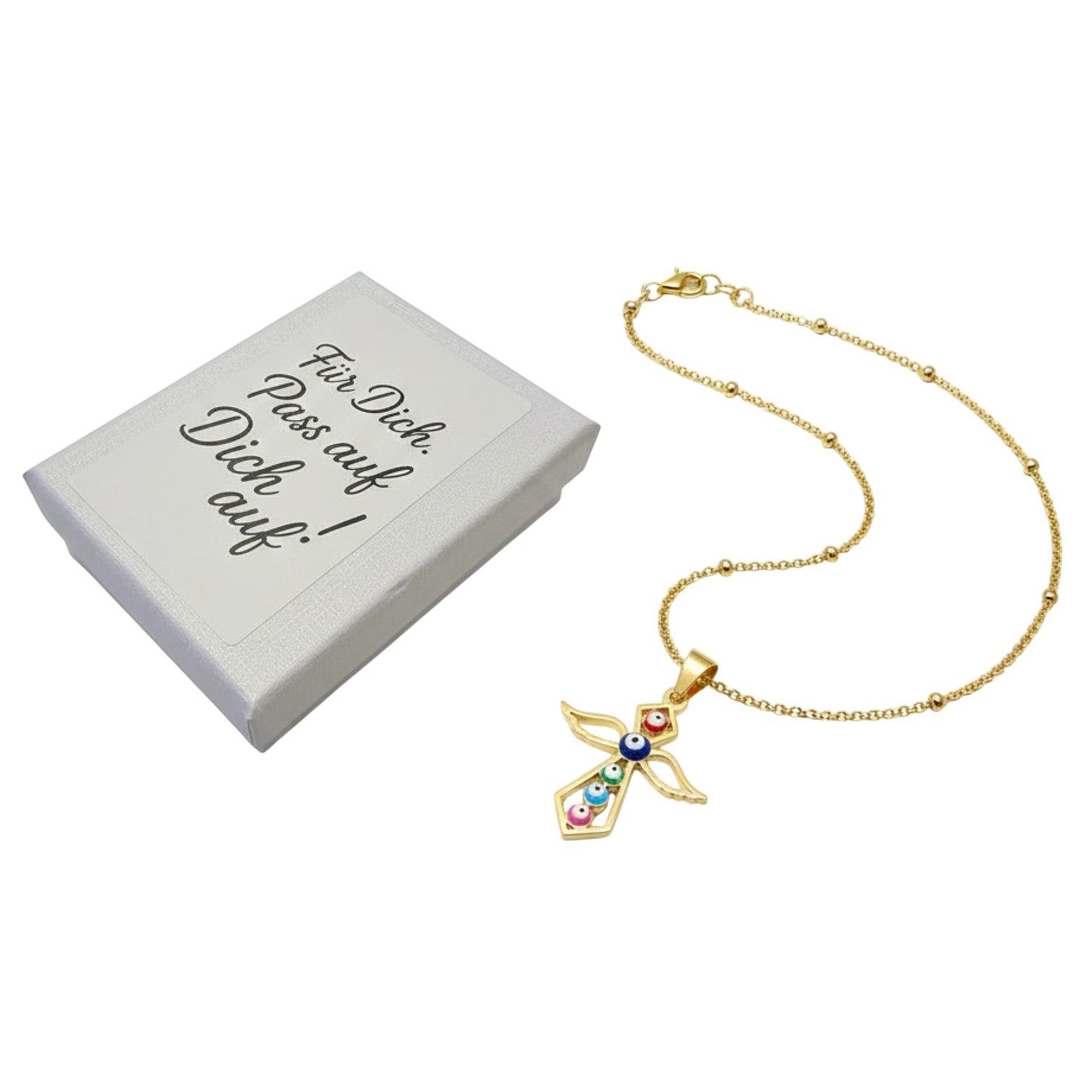 KARMA Kette mit Anhänger Schutzengel-Halskette Edelstahl goldfarben wasserfest - antiallergisch (mit bunten Nazar-Augen, Glücksbringer in Geschenkverpackung), Geschenkidee Symbolschmuck Damenkette