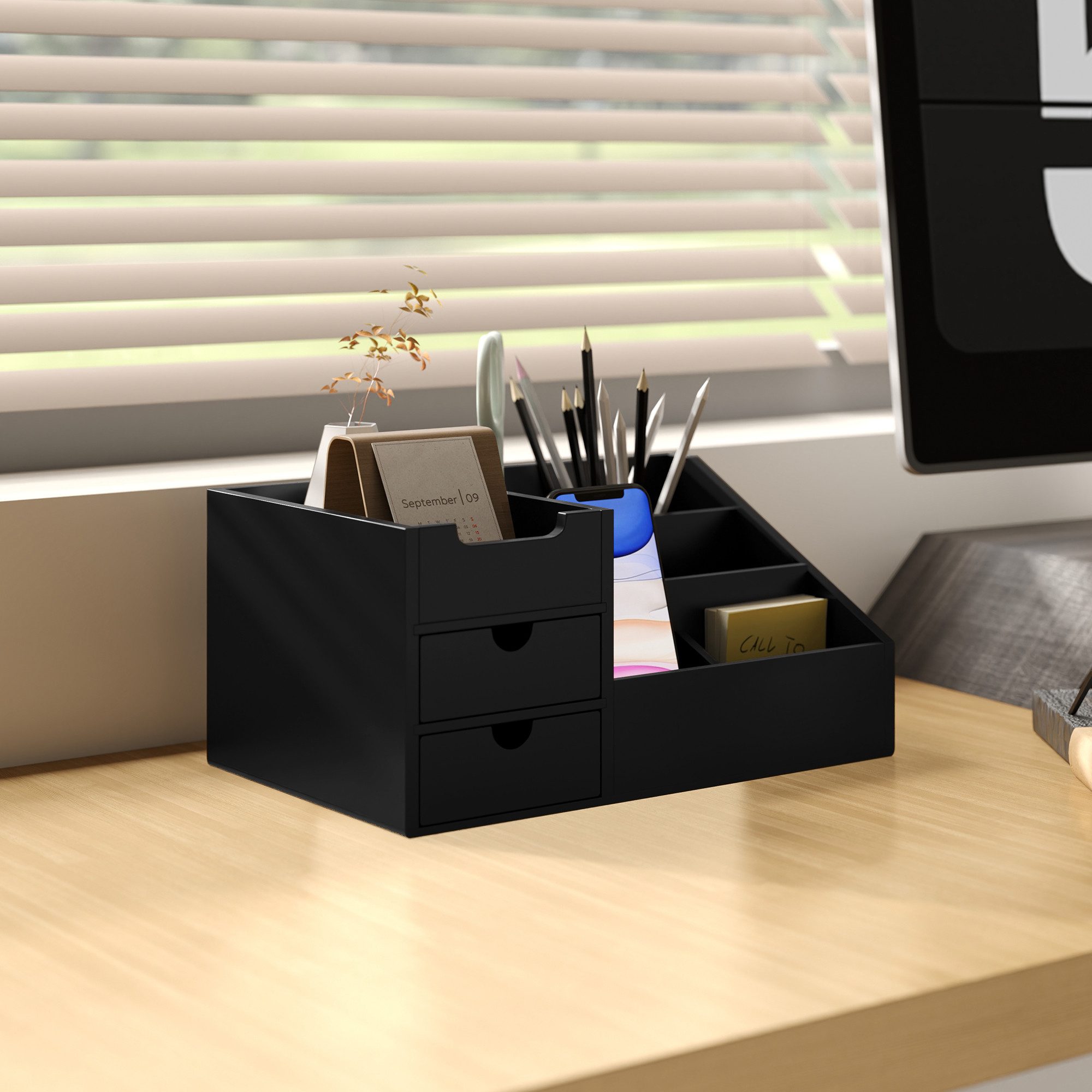 HOMCOM Organizer Aufbewahrungsbox Büro Box Organisation (Schreibtischorganizer, 1 St., 2 Schublade), Schwarz 33 x 20,5 x 15,5 cm