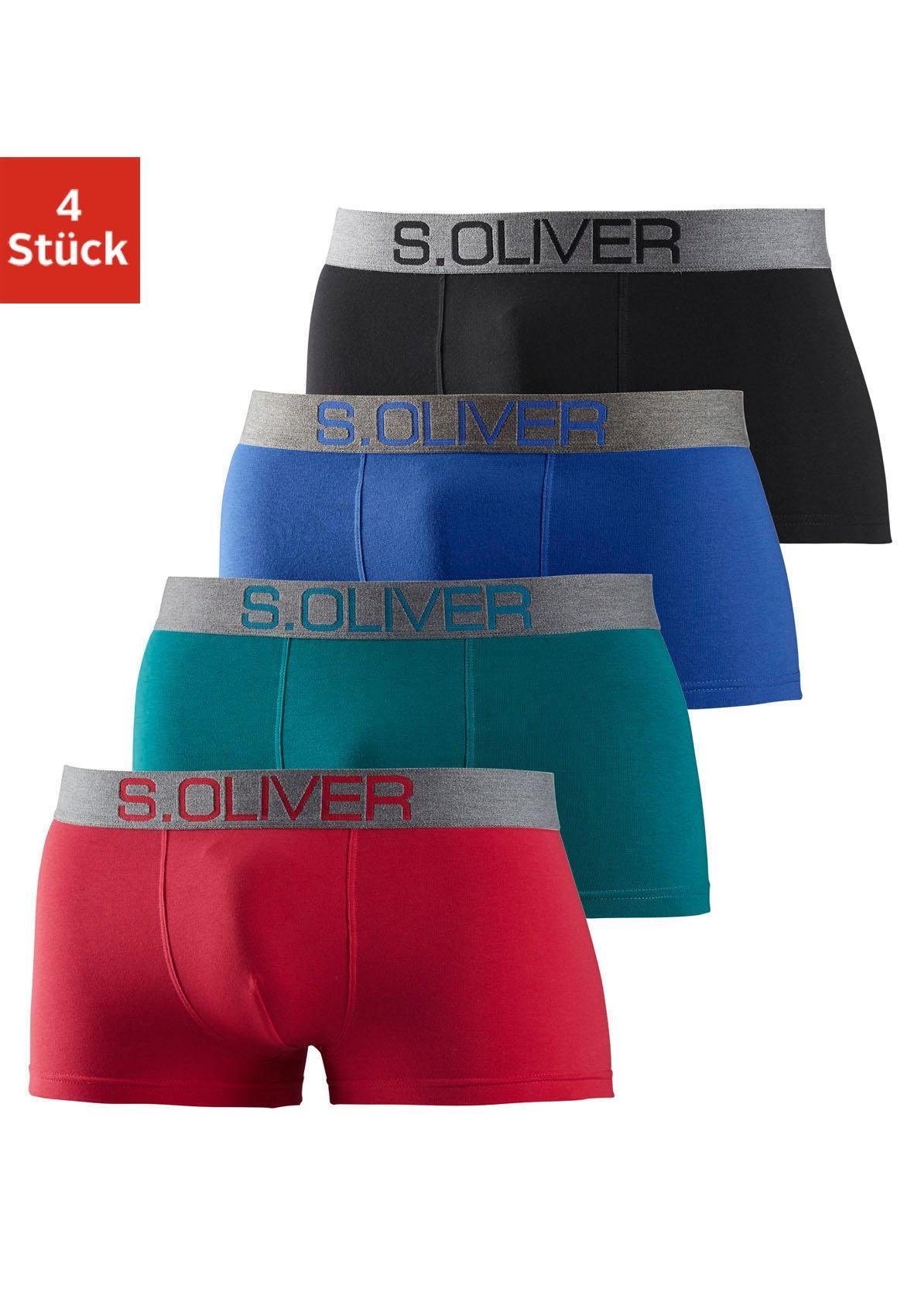 s.Oliver Boxershorts (Packung, 4-St) in Hipster-Form mit kontrastfarbenem Webbund rot, petrol, blau, schwarz