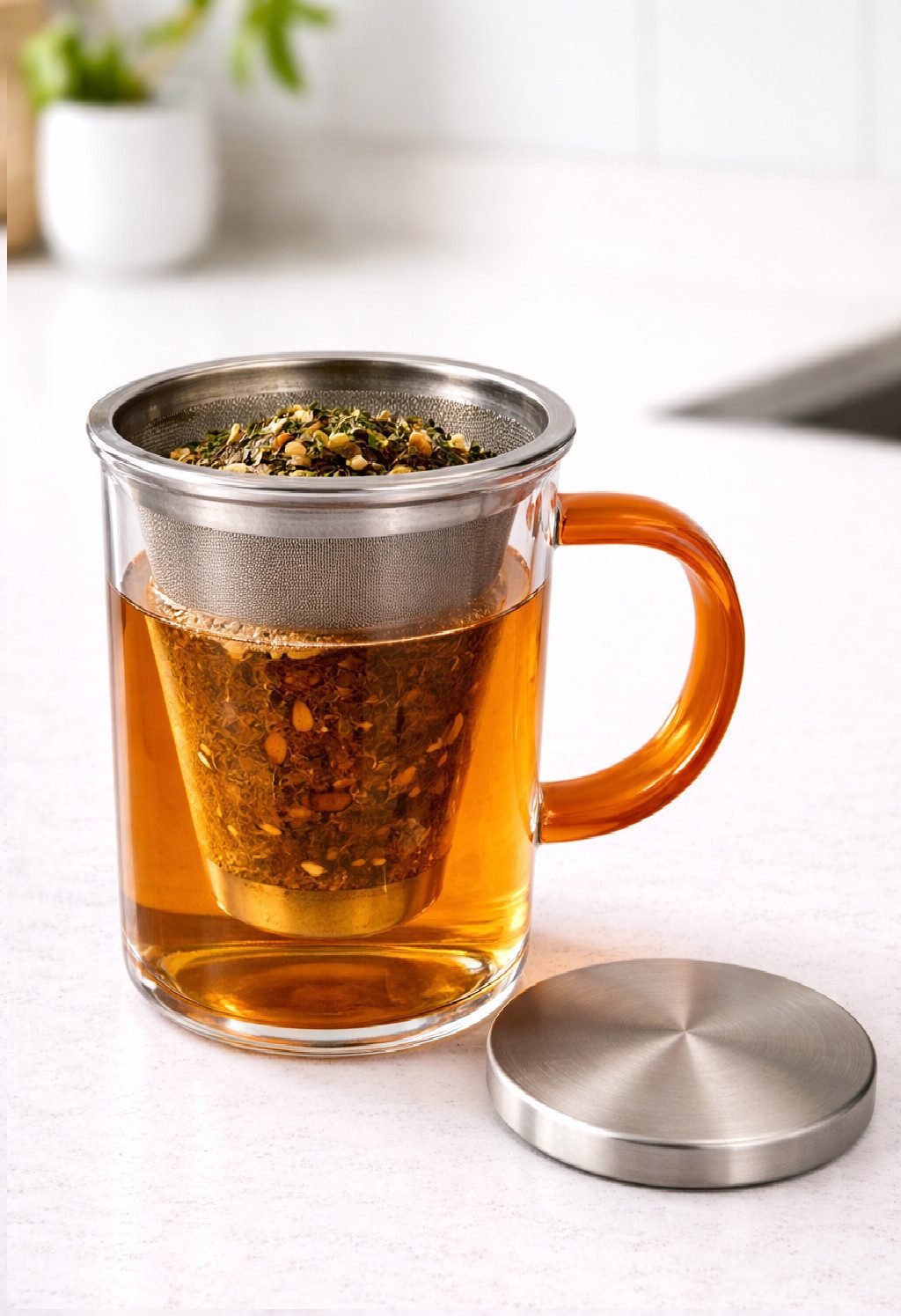 Rungassi Teeglas Glas Teebecher mit Edelstahldeckel und Innenfilter Henkel Orange 420ml, Glas, Edelstahl
