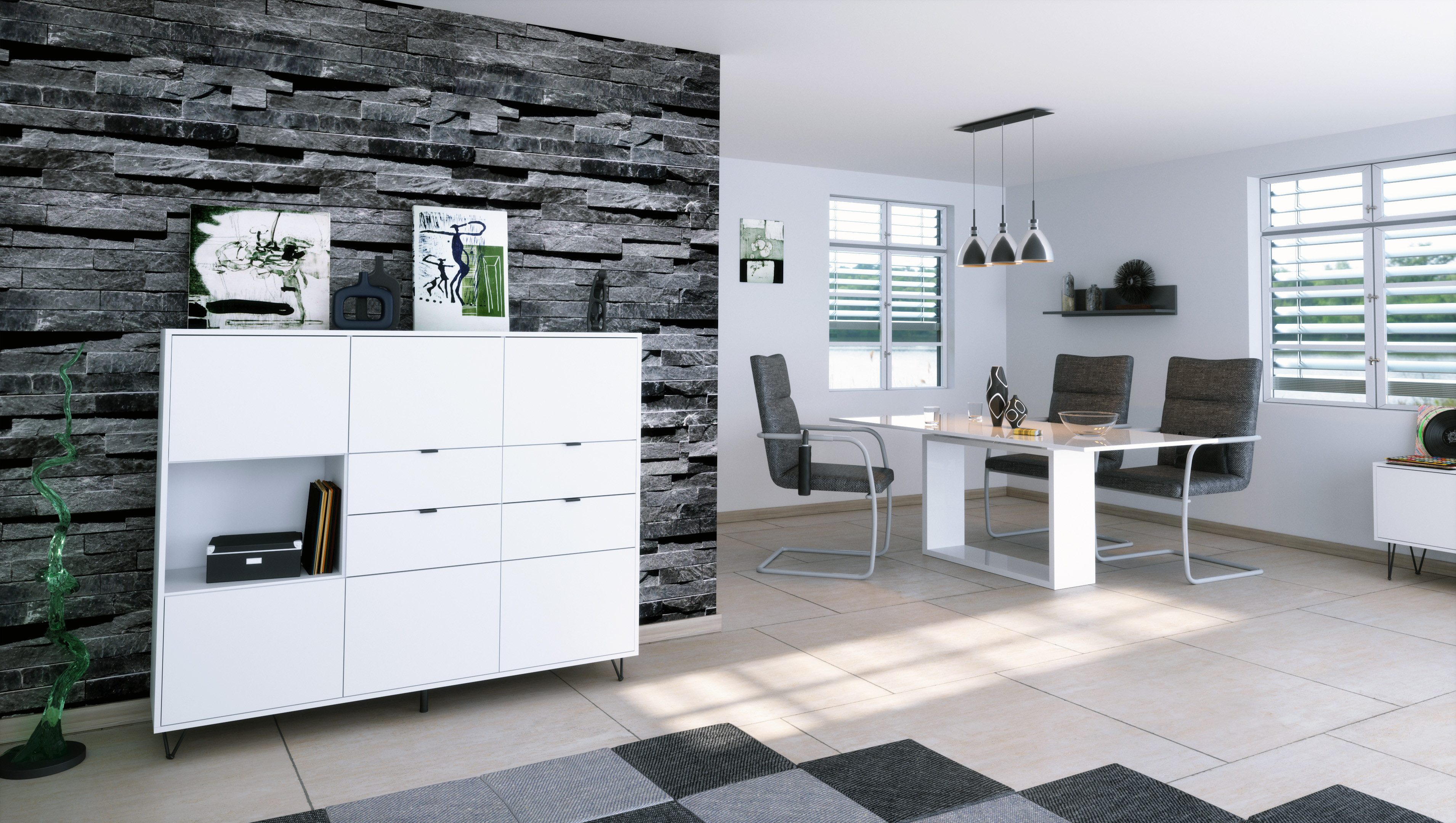 Vladon Highboard Marino V2 (Highboard mit 6 Türen Weiß matt, 4 Schubladen Weiß matt, Made in Germany), Korpus Weiß matt (152,5 x 125,5 x 37 cm)
