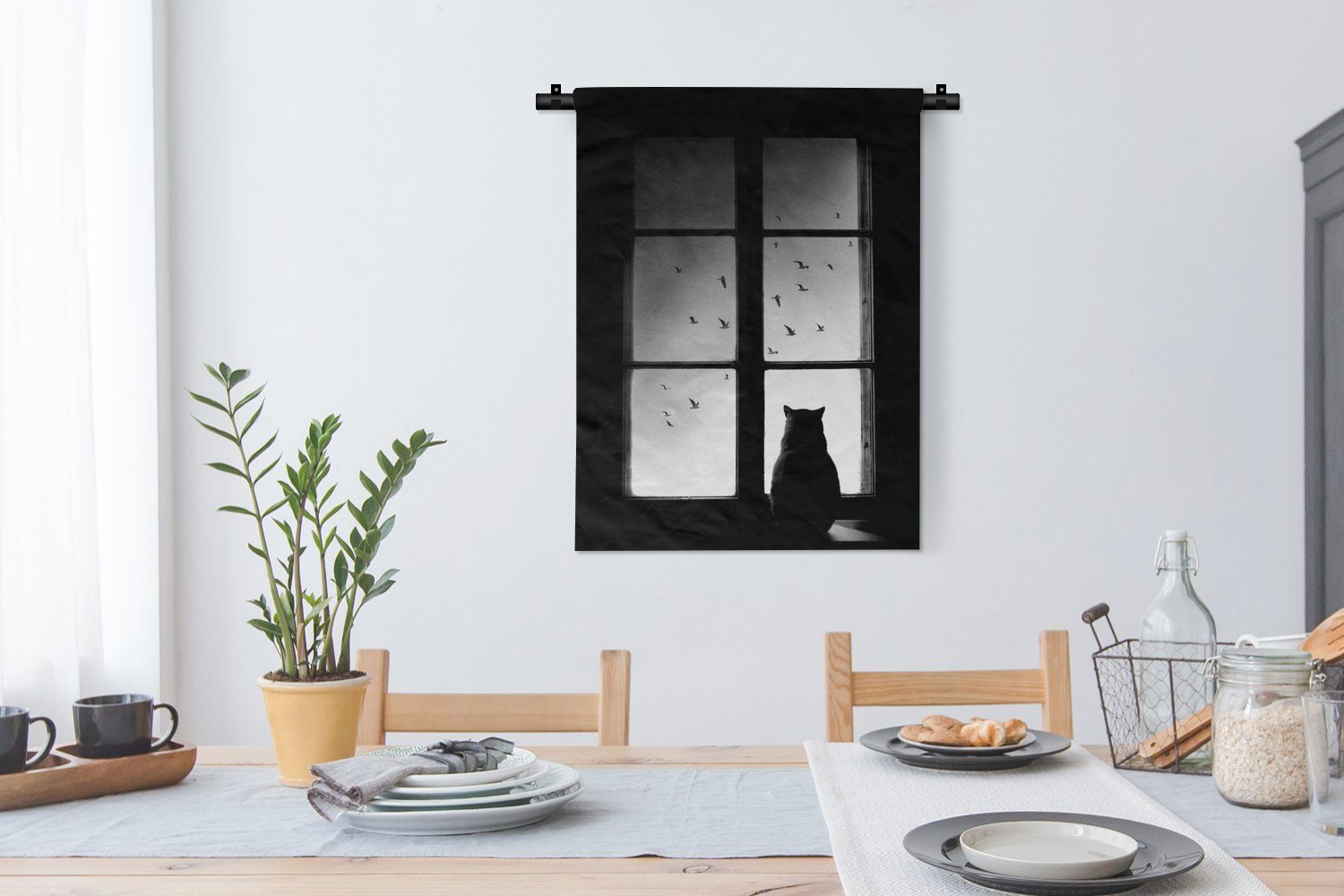 MuchoWow Wanddekoobjekt Katze - Tiere weiß - für Wand, Fenster, der - Schlafzimmer Wohnzimmer, Deko Schwarz Tapisserie, und an